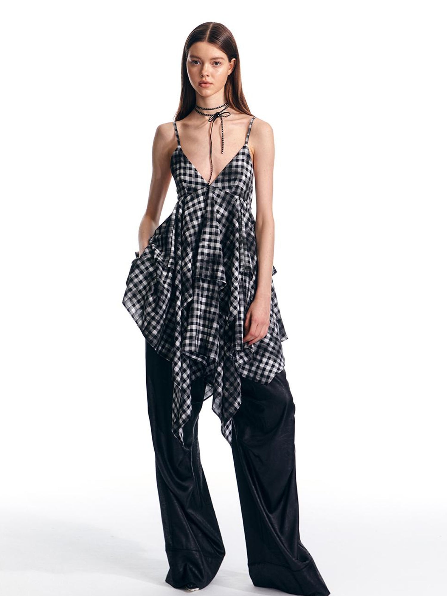 ALINNV STUDIO Vintage Plaid Double Layer Asymmetrical Slip Dress