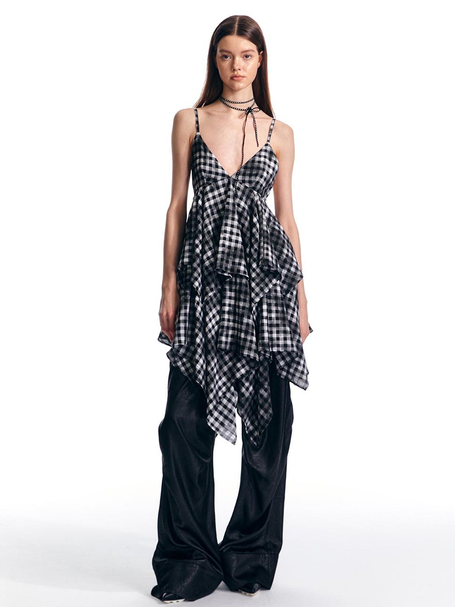 ALINNV STUDIO Vintage Plaid Double Layer Asymmetrical Slip Dress