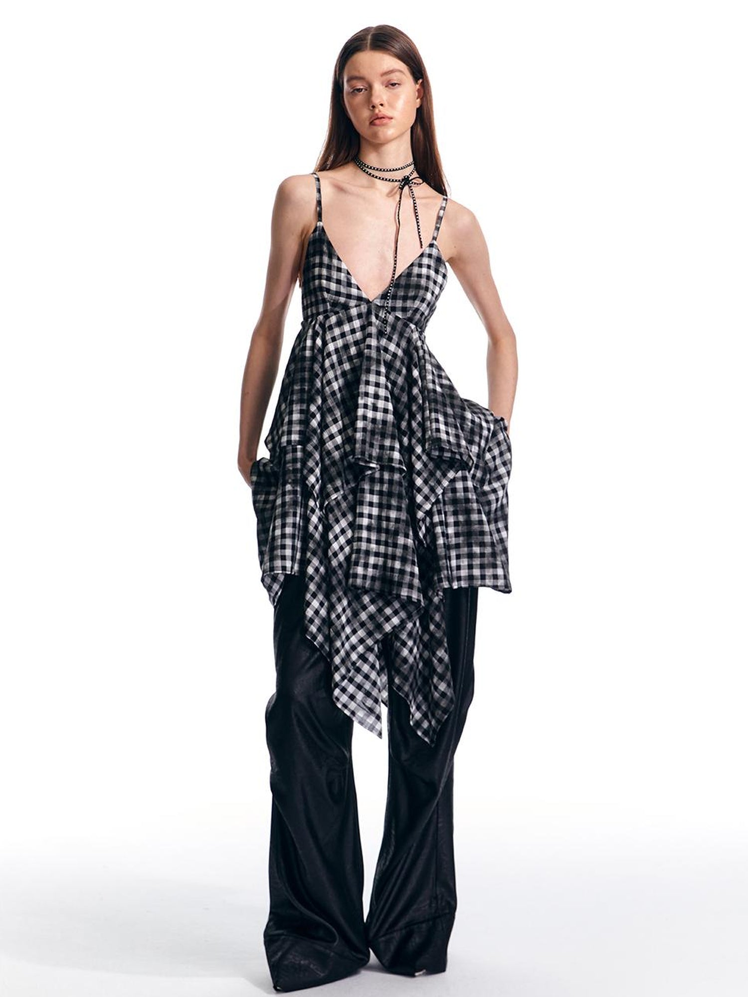 ALINNV STUDIO Vintage Plaid Double Layer Asymmetrical Slip Dress