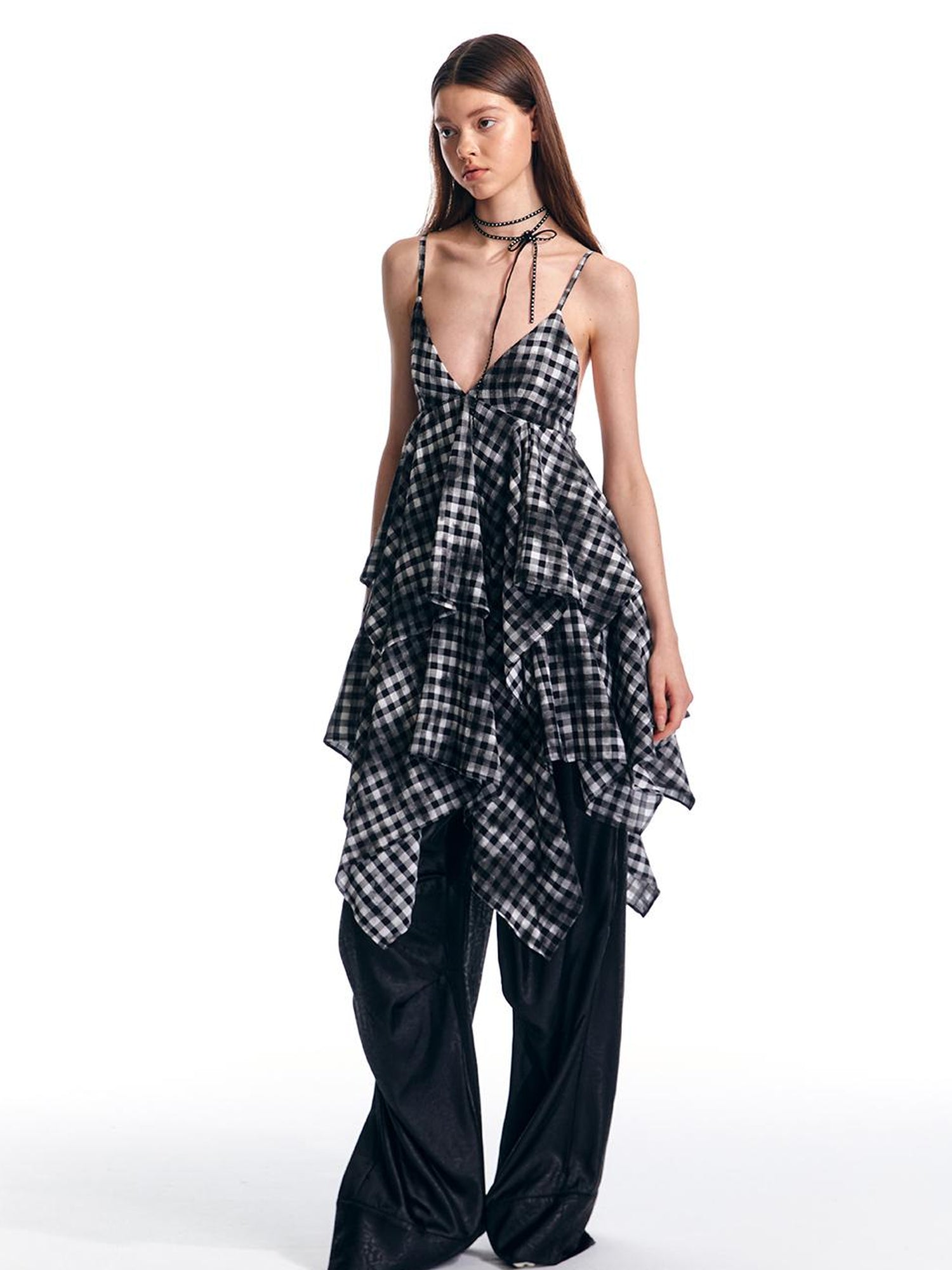 ALINNV STUDIO Vintage Plaid Double Layer Asymmetrical Slip Dress