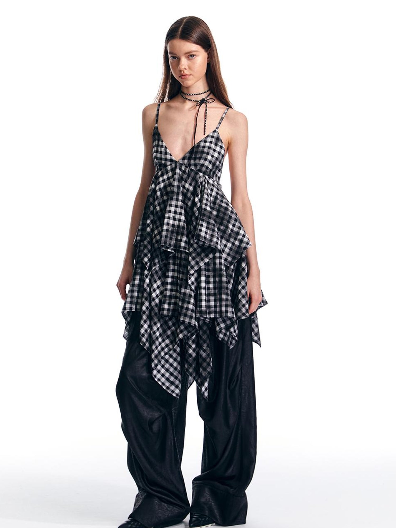 ALINNV STUDIO Vintage Plaid Double Layer Asymmetrical Slip Dress