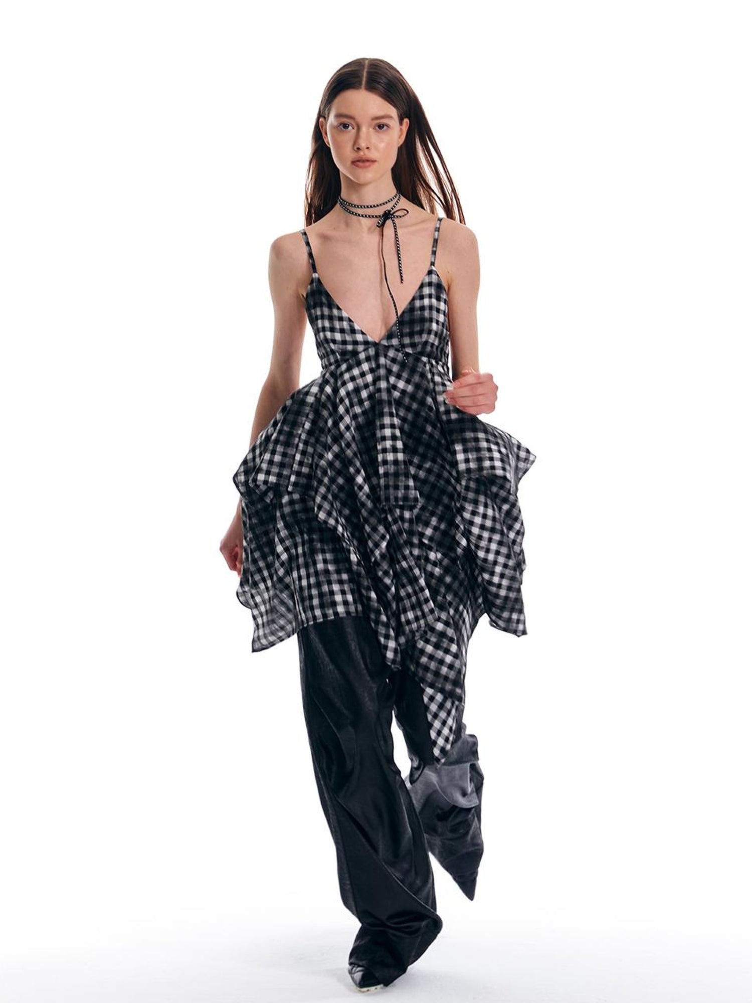 ALINNV STUDIO Vintage Plaid Double Layer Asymmetrical Slip Dress