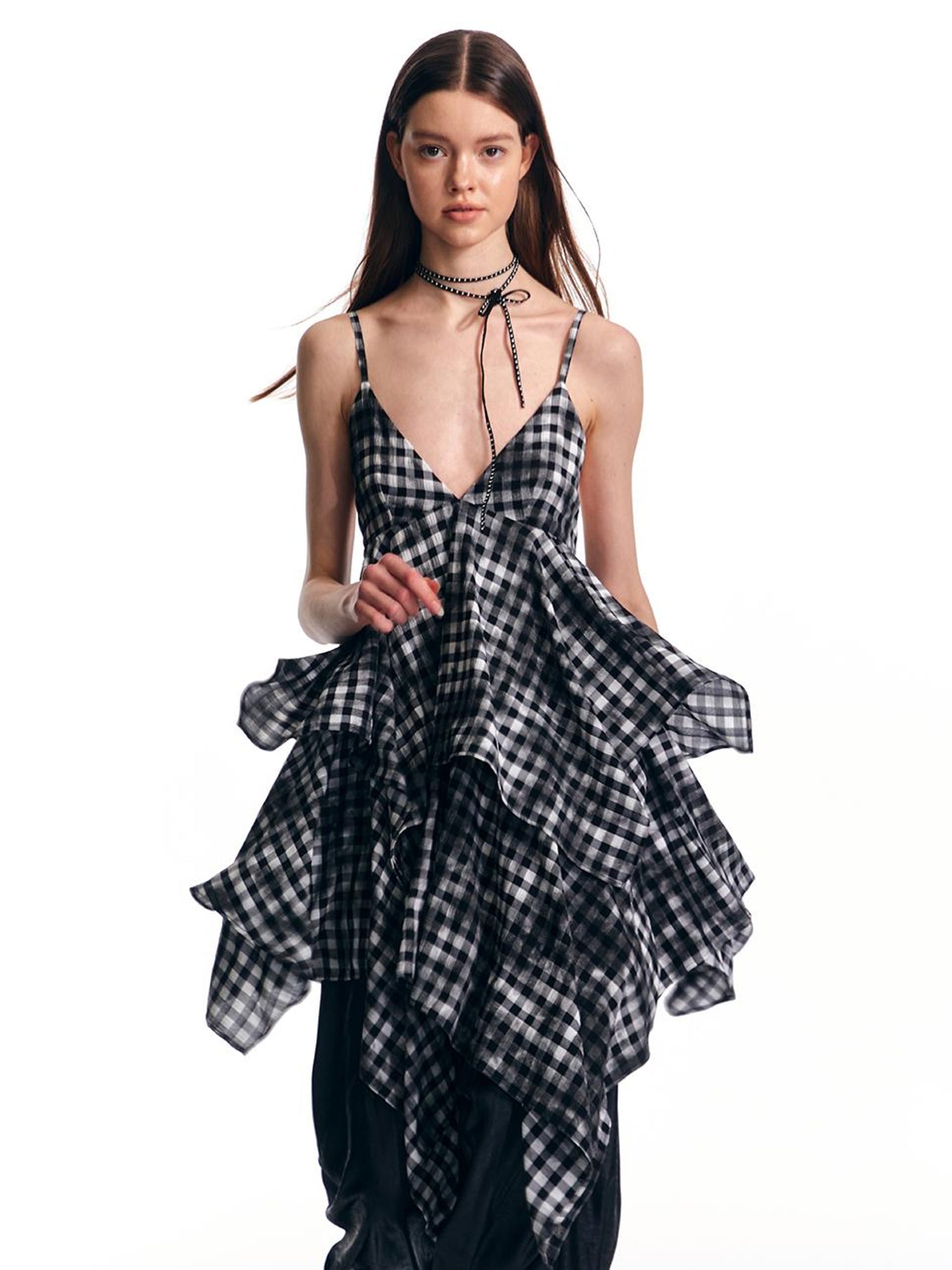 ALINNV STUDIO Vintage Plaid Double Layer Asymmetrical Slip Dress