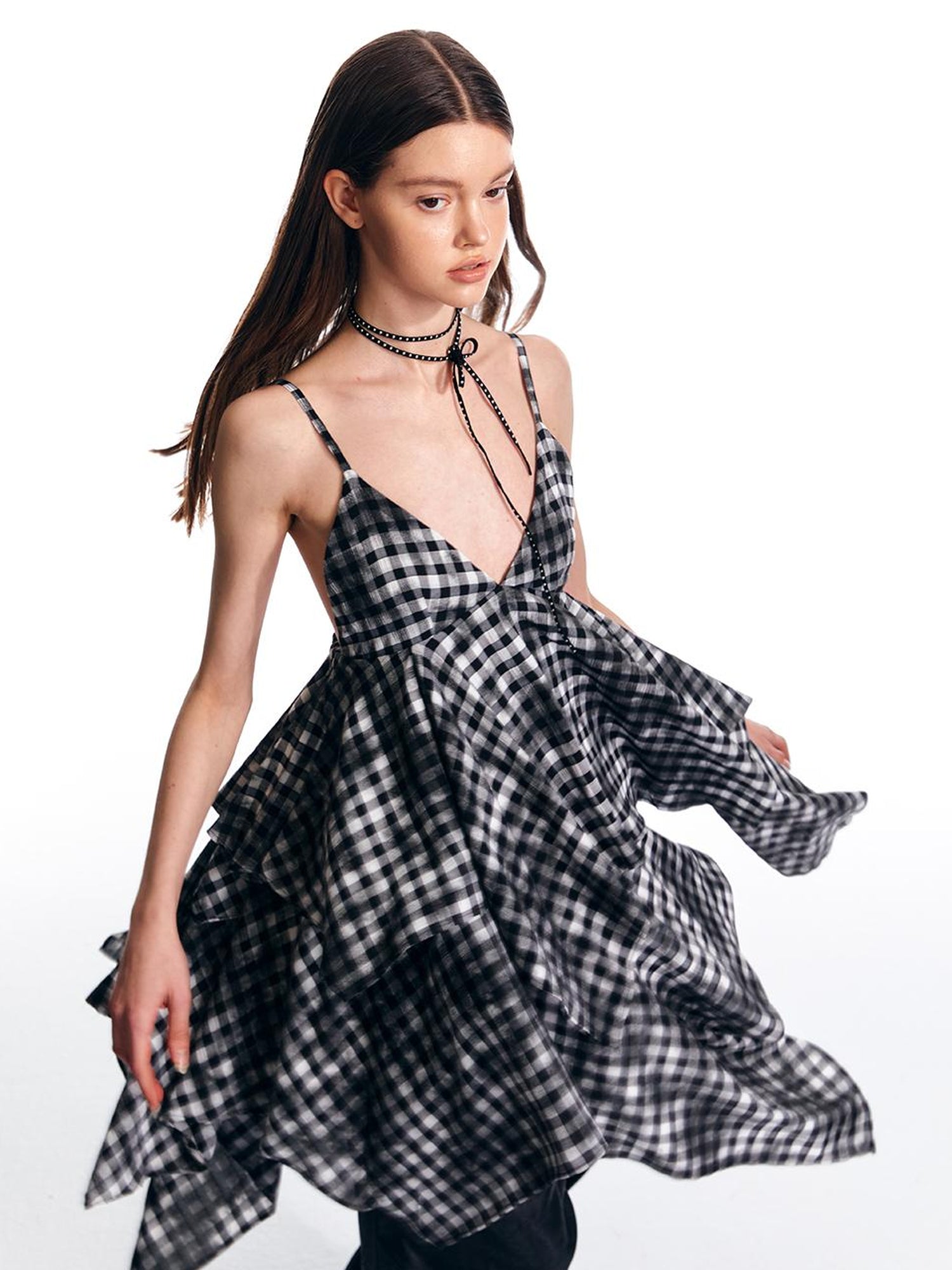 ALINNV STUDIO Vintage Plaid Double Layer Asymmetrical Slip Dress