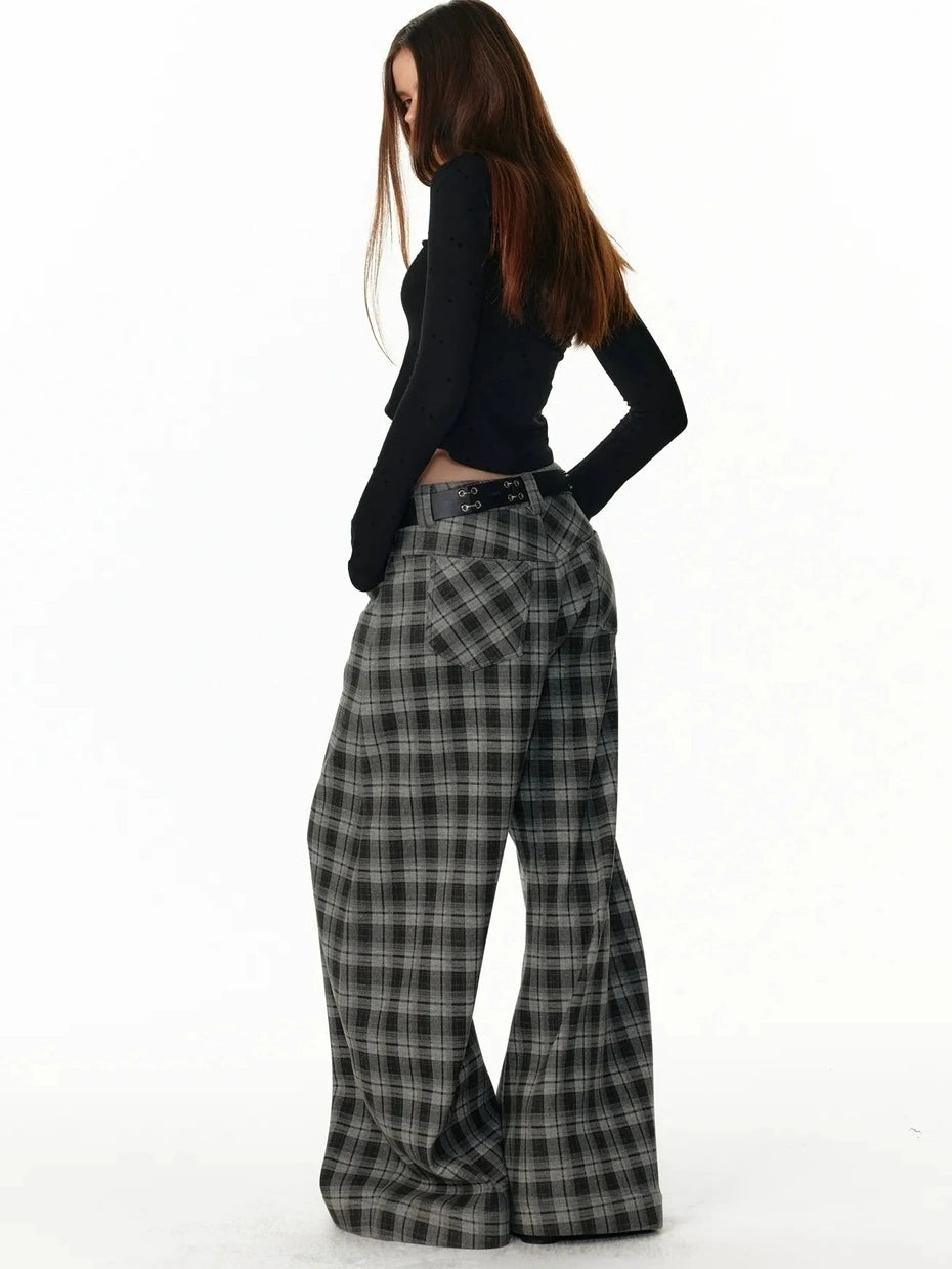 ALINNV STUDIO Vintage Plaid Fleece Lined Cargo Flare Pants Pants