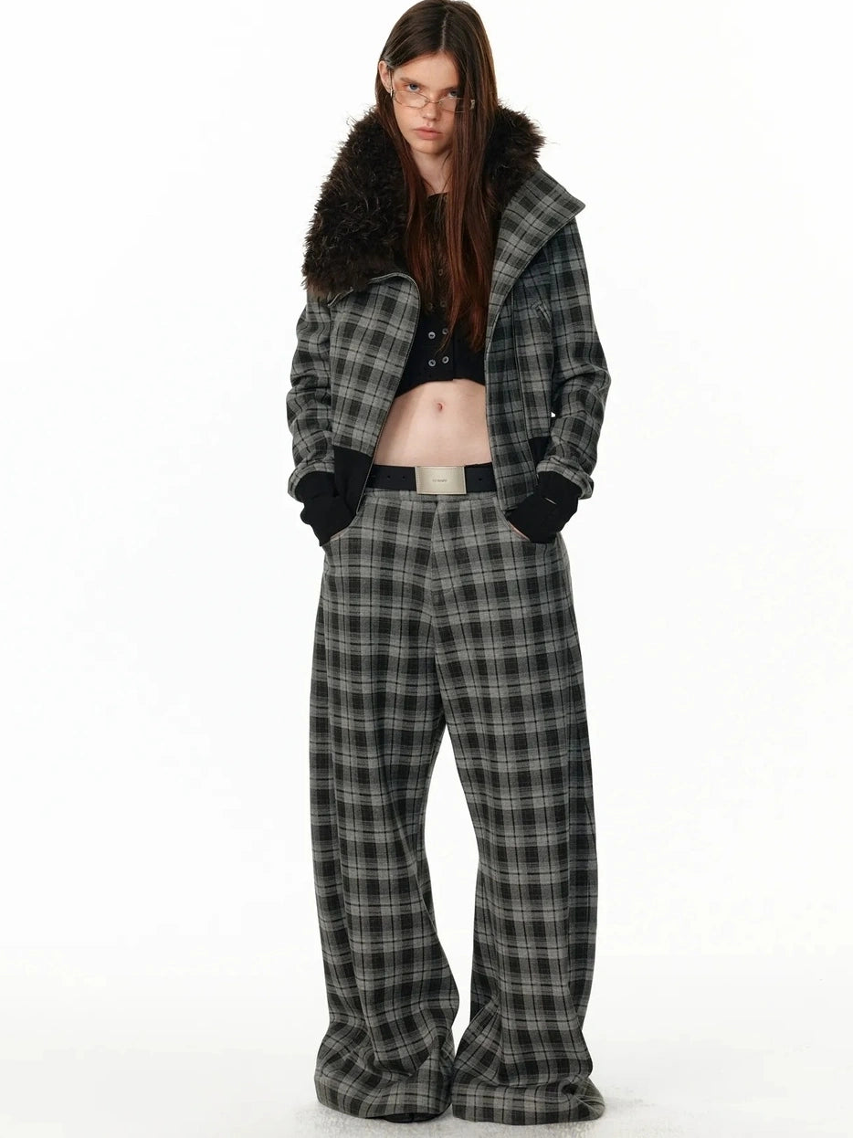 ALINNV STUDIO Vintage Plaid Fleece Lined Cargo Flare Pants Pants