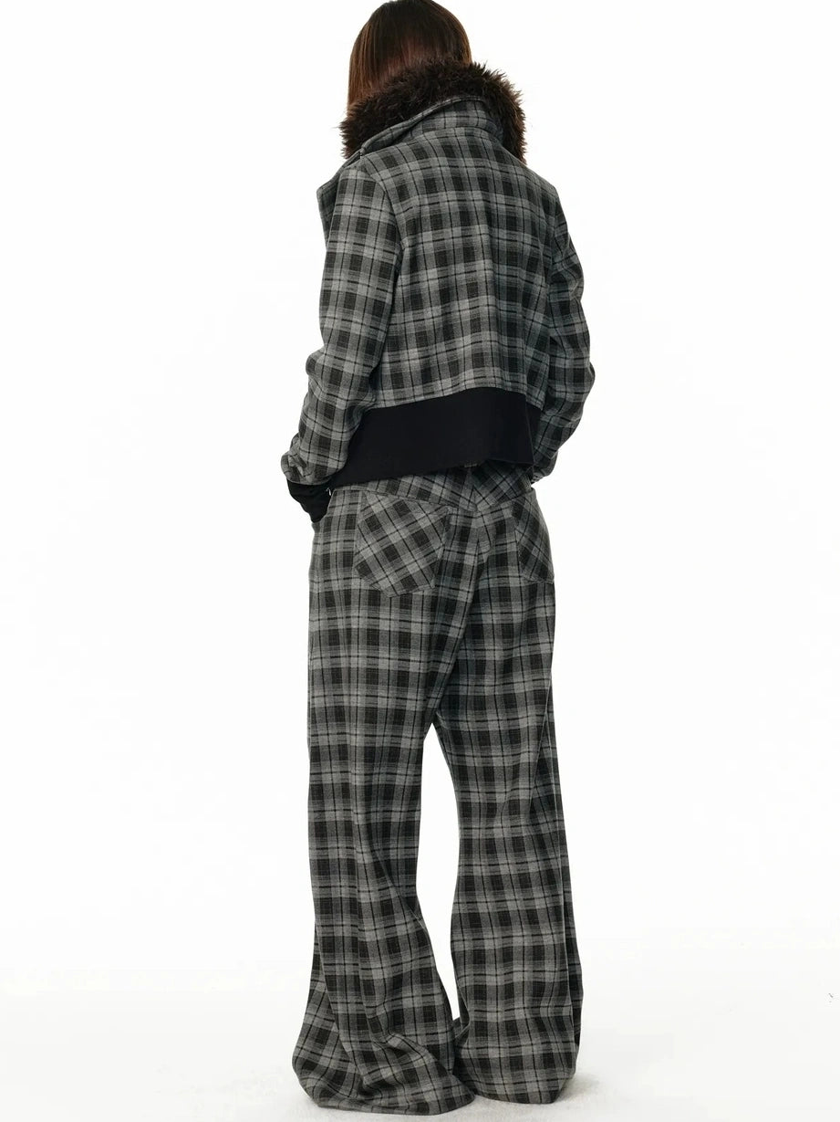 ALINNV STUDIO Vintage Plaid Fleece Lined Cargo Flare Pants Pants