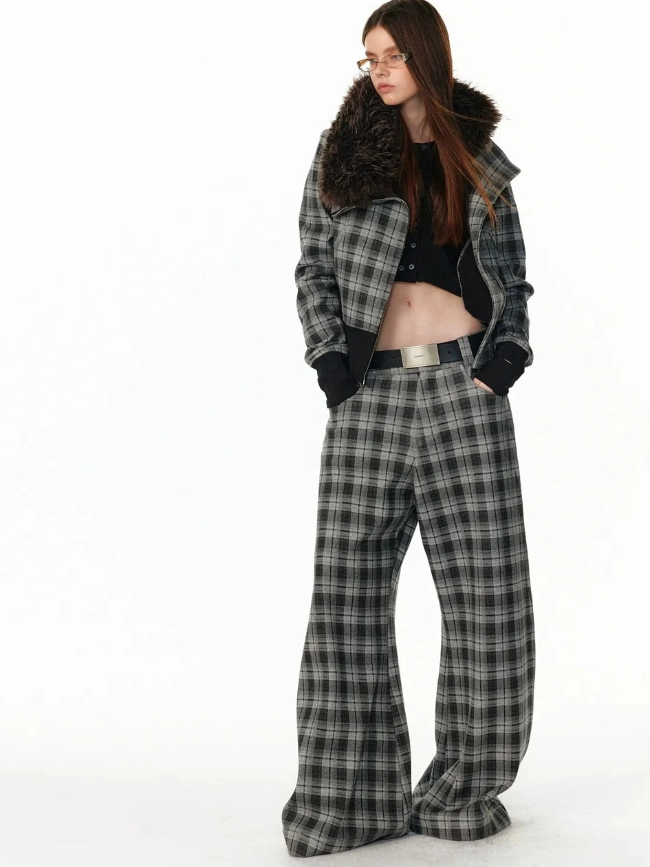 ALINNV STUDIO Vintage Plaid Fleece Lined Cargo Flare Pants Pants