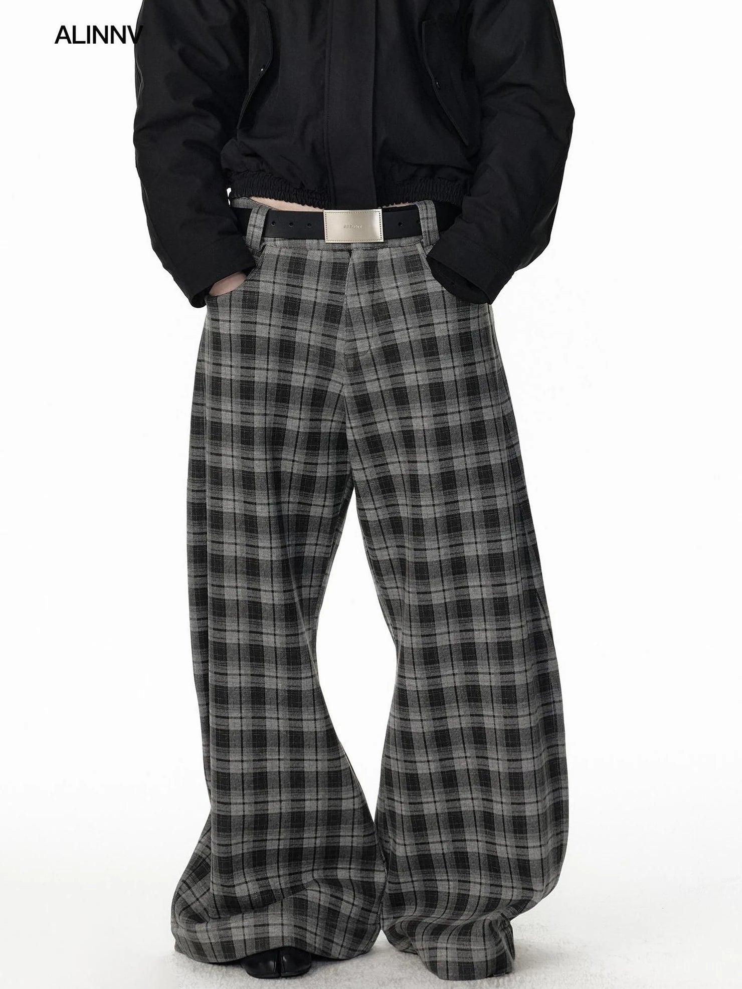 ALINNV STUDIO Vintage Plaid Fleece Lined Cargo Flare Pants Pants