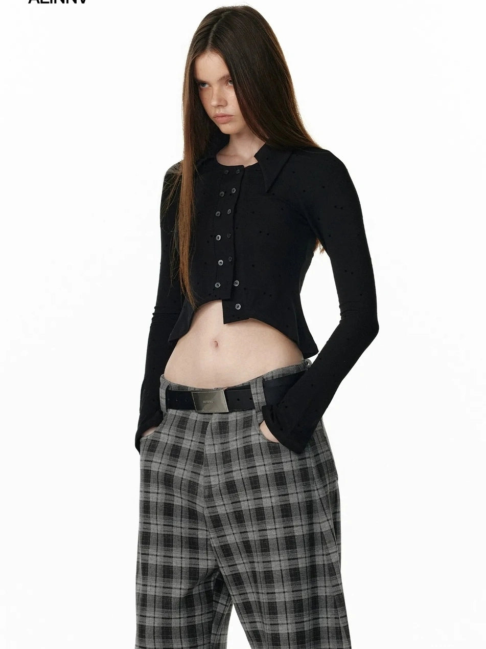 ALINNV STUDIO Vintage Polka Dot Flared Sleeve Asymmetric Hem Shirt T-shirt