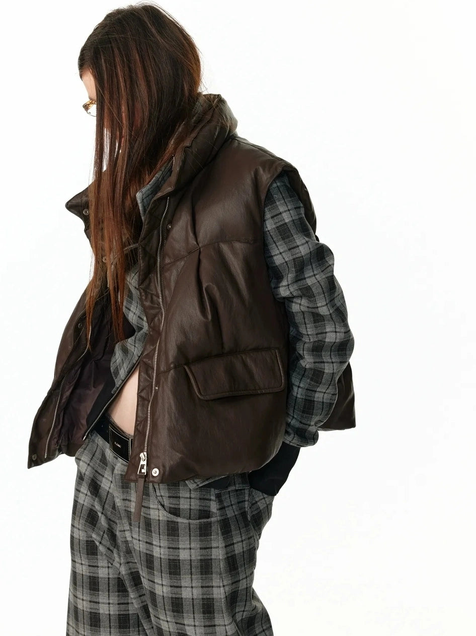ALINNV STUDIO Vintage Pu Leather Stand Collar Zip Up Thermal Vest Down Jacket