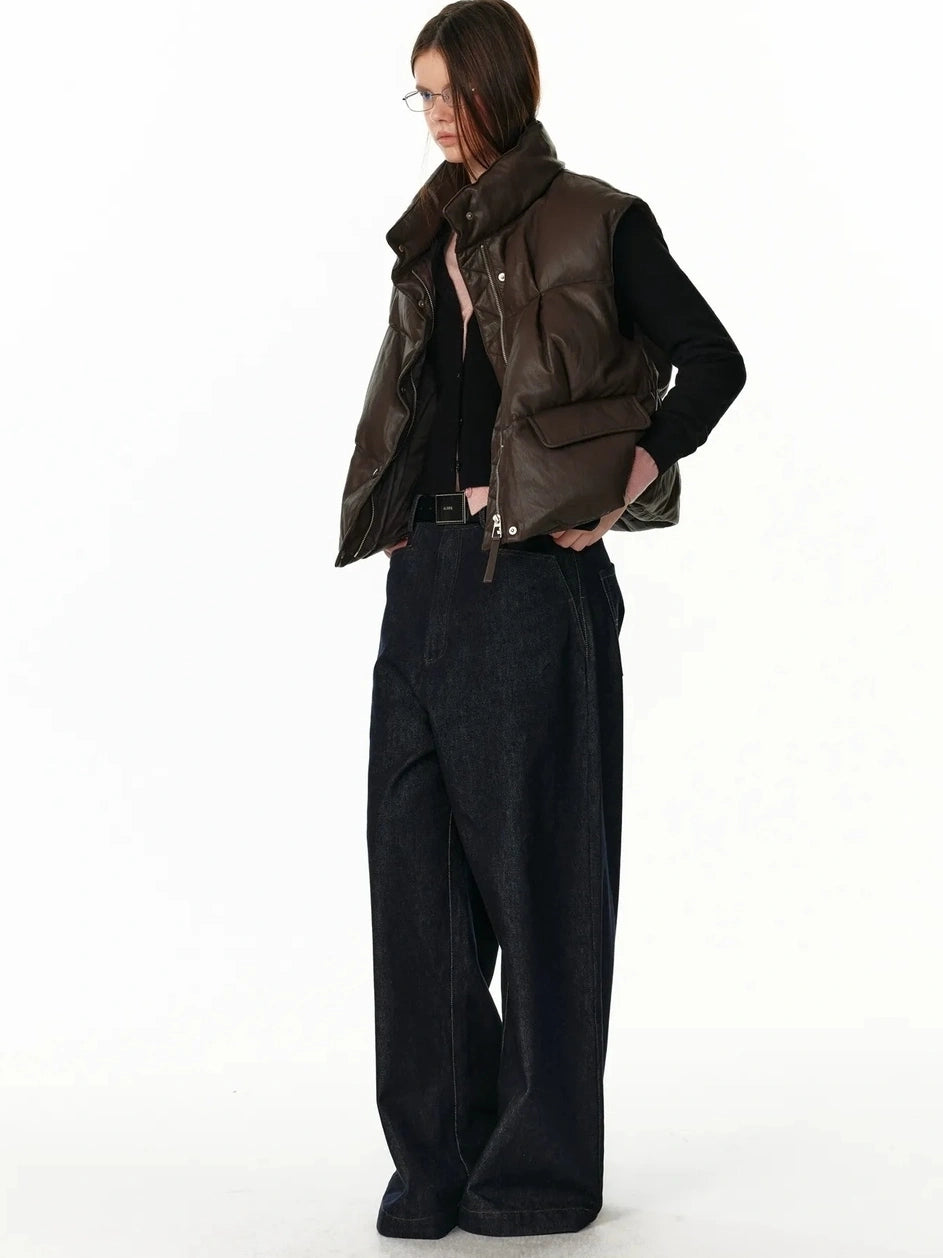 ALINNV STUDIO Vintage Pu Leather Stand Collar Zip Up Thermal Vest Down Jacket