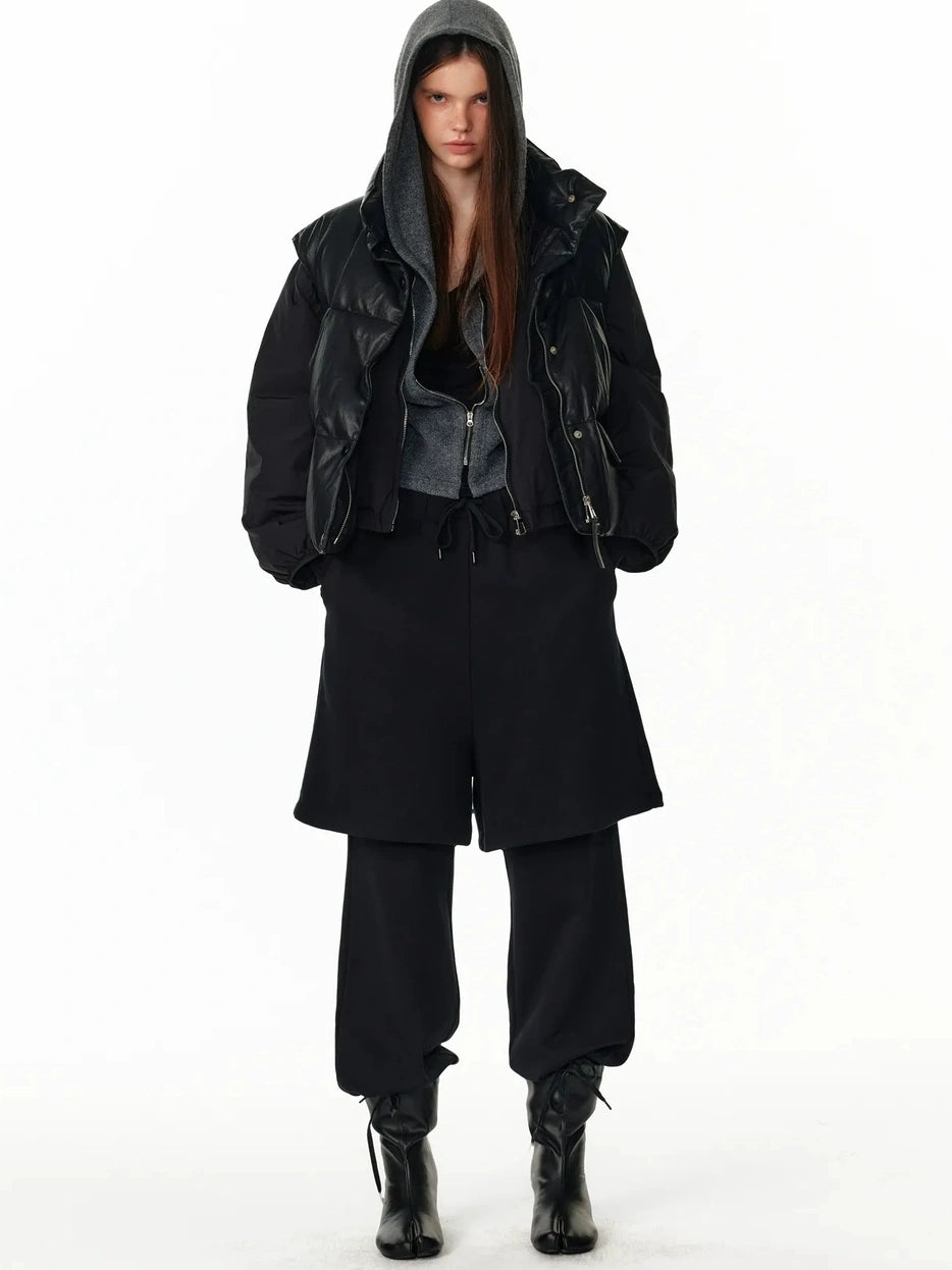 ALINNV STUDIO Vintage Pu Leather Stand Collar Zip Up Thermal Vest Down Jacket