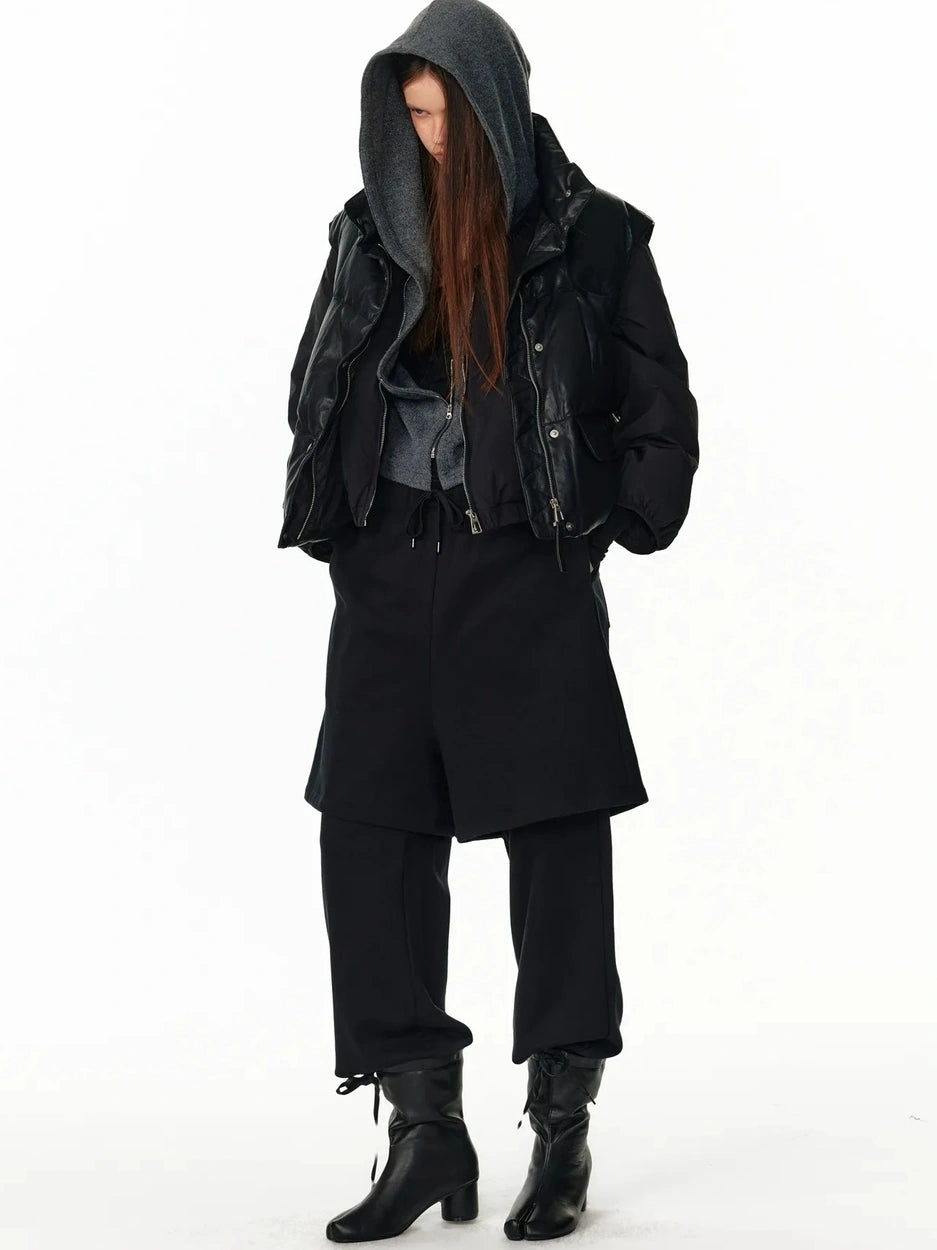 ALINNV STUDIO Vintage Pu Leather Stand Collar Zip Up Thermal Vest Down Jacket