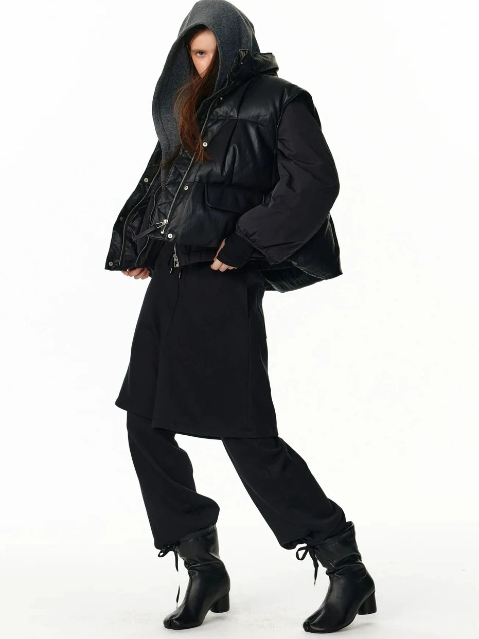 ALINNV STUDIO Vintage Pu Leather Stand Collar Zip Up Thermal Vest Down Jacket