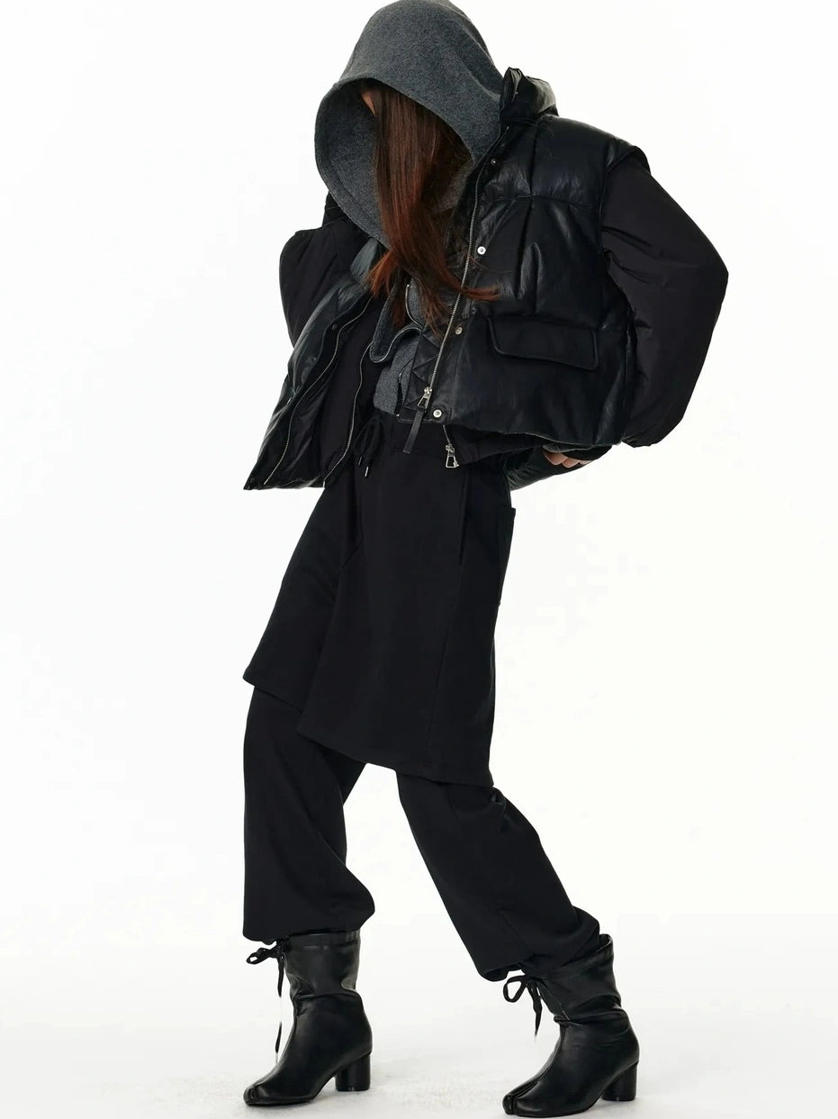 ALINNV STUDIO Vintage Pu Leather Stand Collar Zip Up Thermal Vest Down Jacket