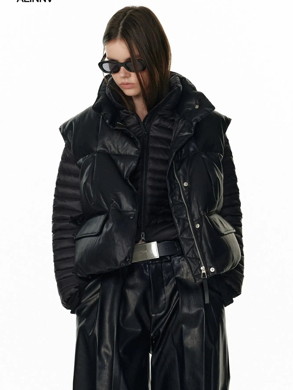 ALINNV STUDIO Vintage Pu Leather Stand Collar Zip Up Thermal Vest Down Jacket