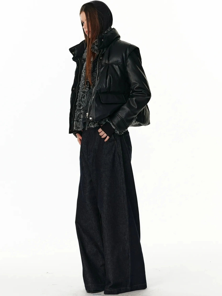 ALINNV STUDIO Vintage Pu Leather Stand Collar Zip Up Thermal Vest Down Jacket