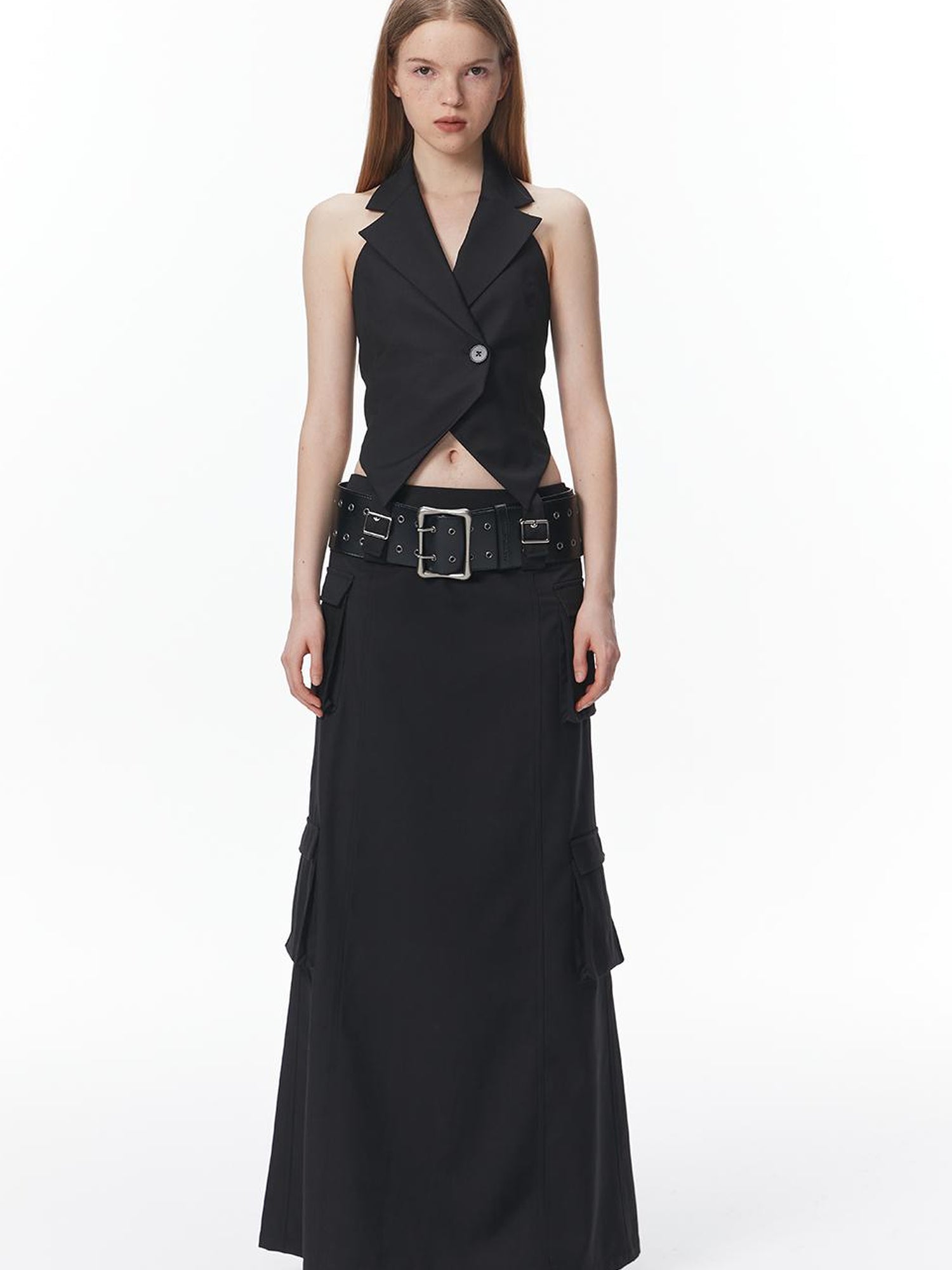 ALINNV STUDIO Vintage Punk Wide Leather Belt With Double Rivets