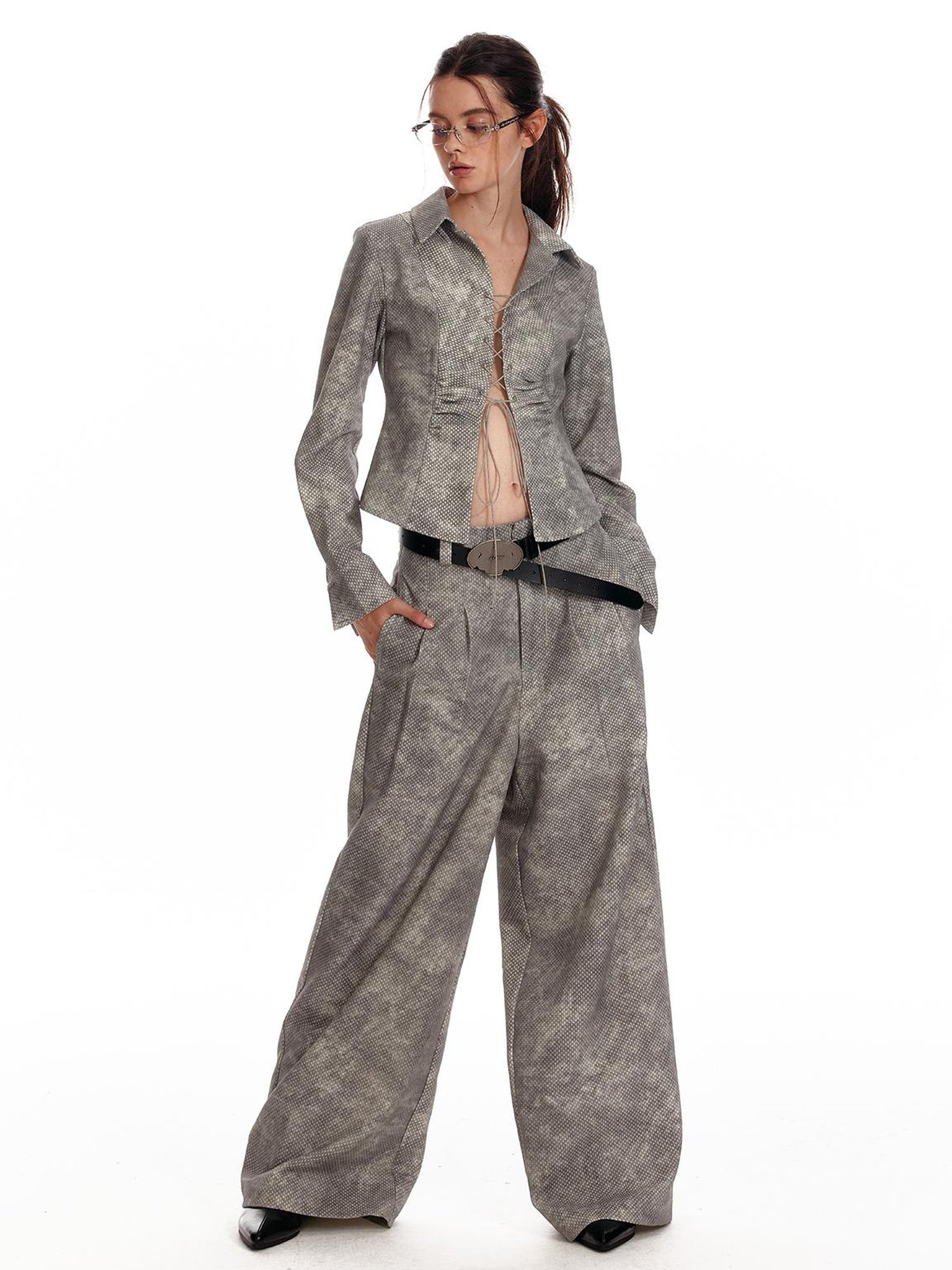 ALINNV STUDIO Vintage Relaxed Wide Leg Pants With Tie Detail Shirt