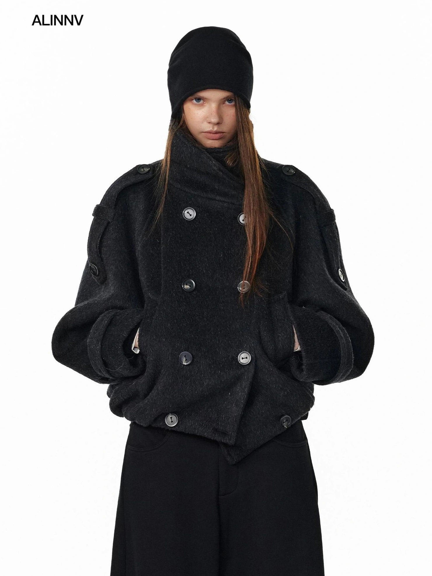 ALINNV STUDIO Vintage Short Wool Coat With Large Lapel Jacket