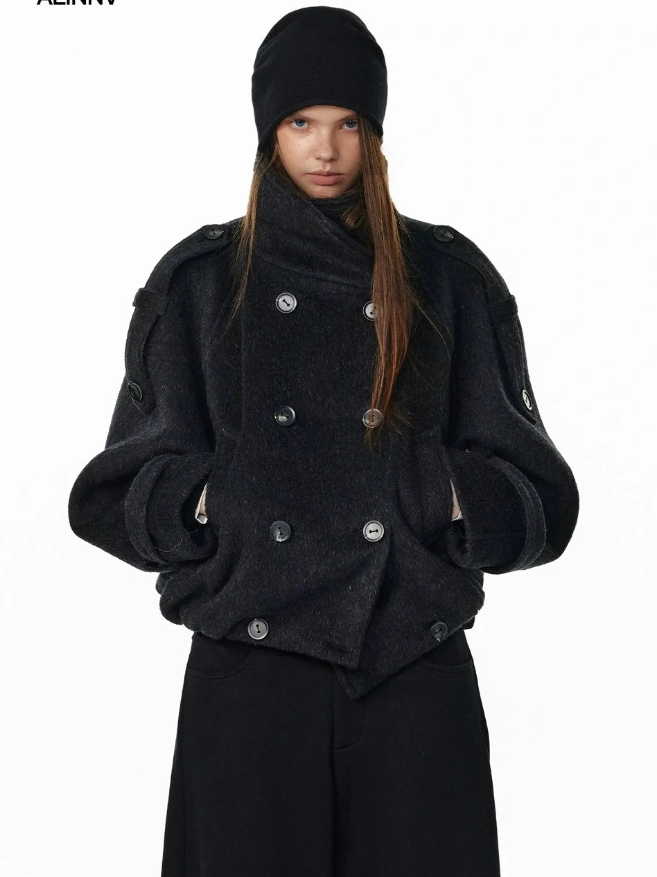 ALINNV STUDIO Vintage Short Wool Coat With Large Lapel Jacket