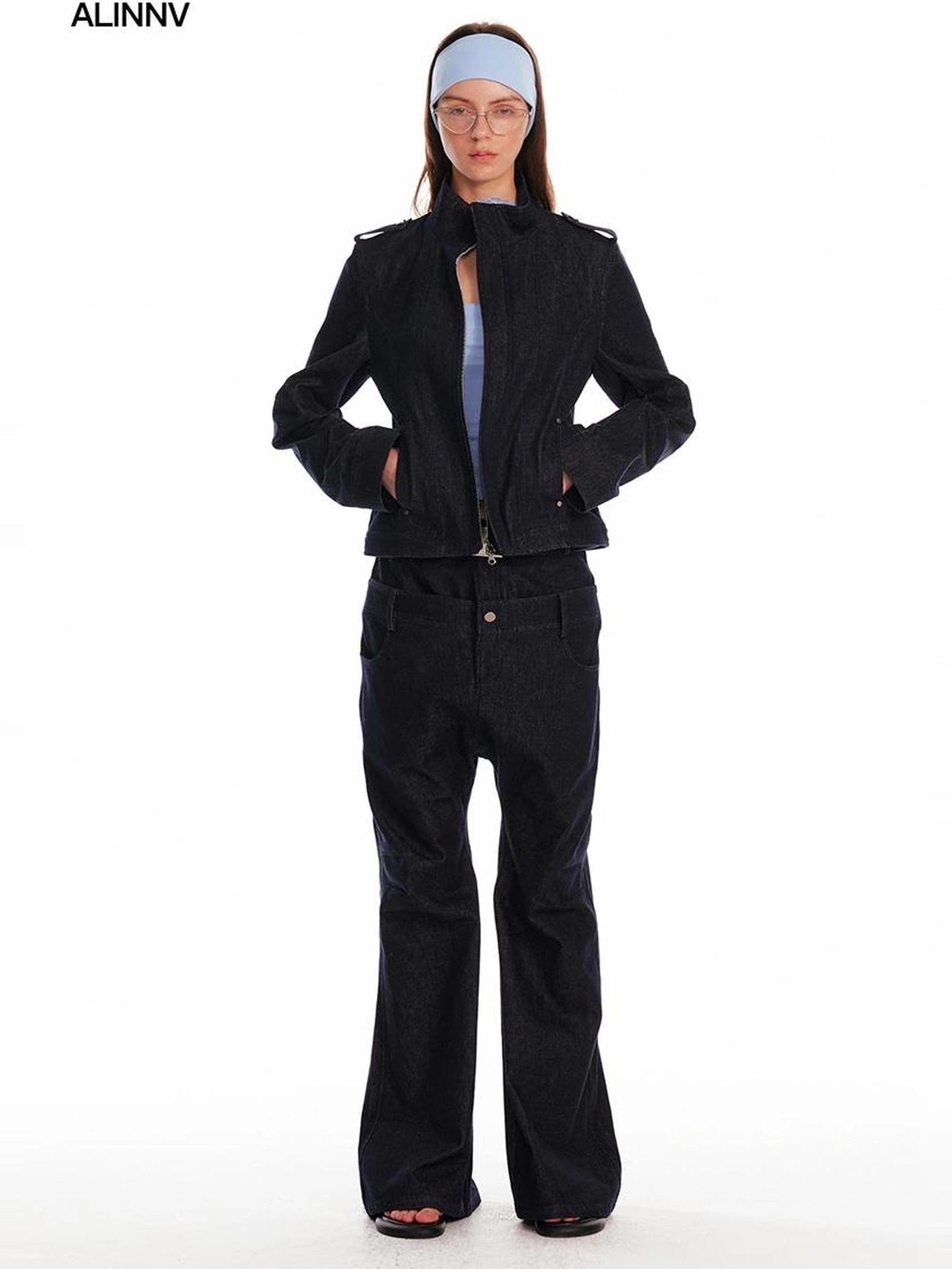 24ans Vintage Stand Collar Gigot Sleeve Denim Jacket Jacket