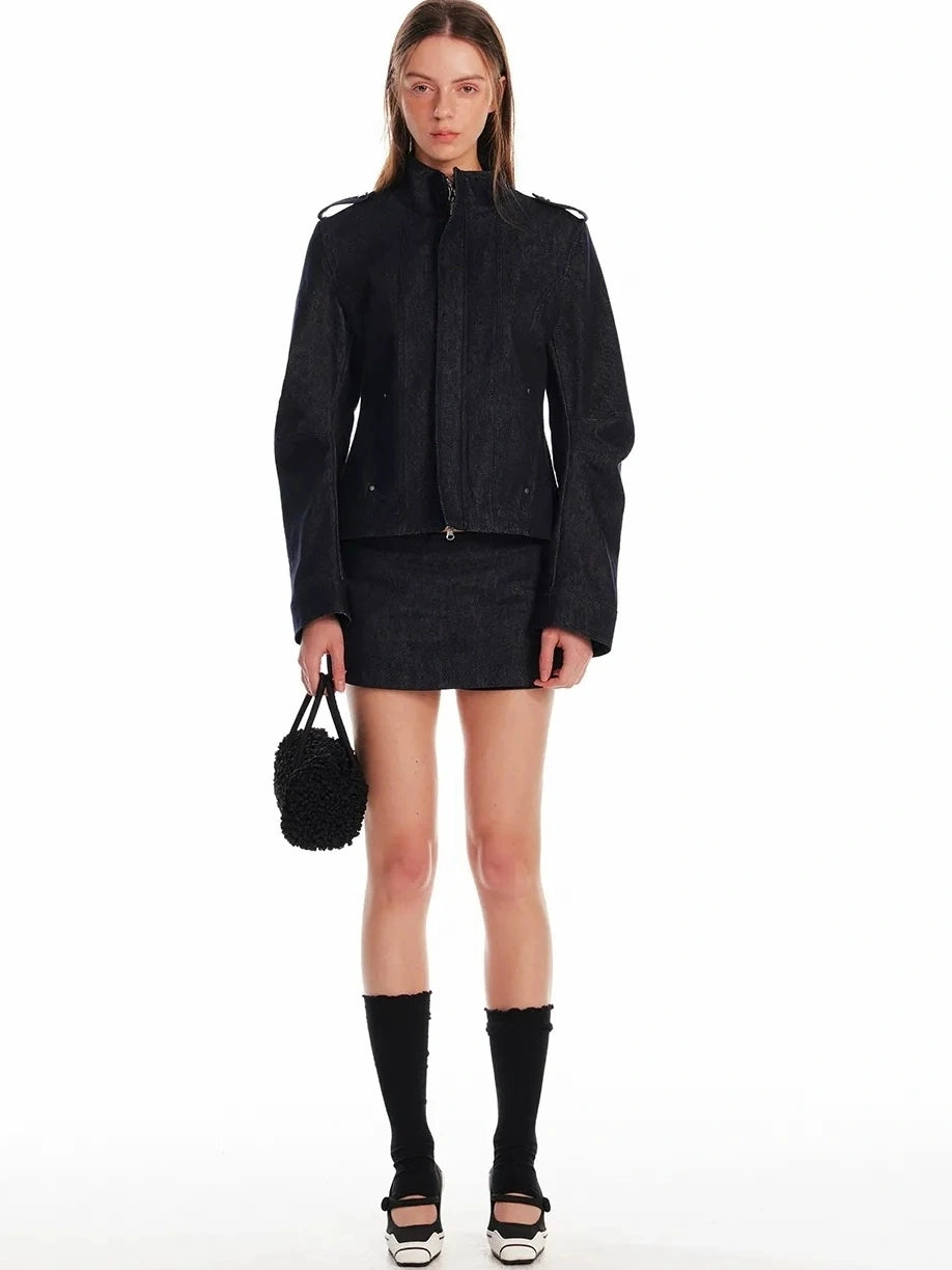 24ans Vintage Stand Collar Gigot Sleeve Denim Jacket Jacket