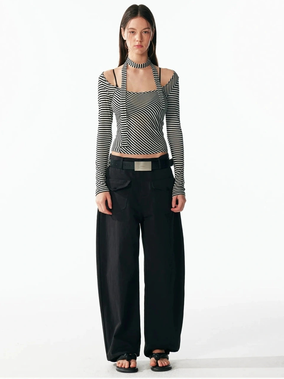 ALINNV STUDIO Vintage U Neck Slim Fit Wool Stripe Tee T-shirt