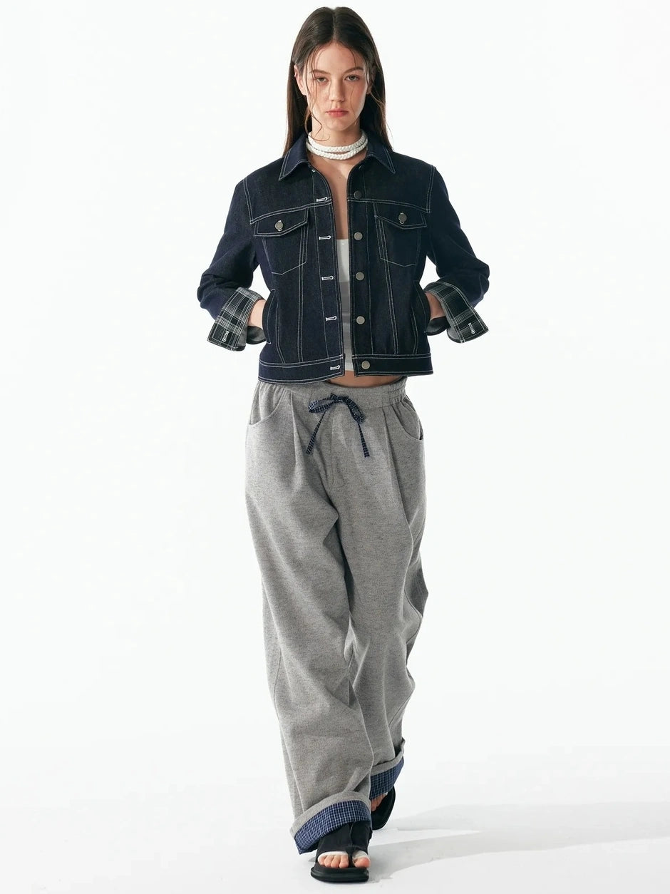 ALINNV STUDIO Vintage Washed Denim Jacket With Contrast Stitching And Plaid Cuff Jacket