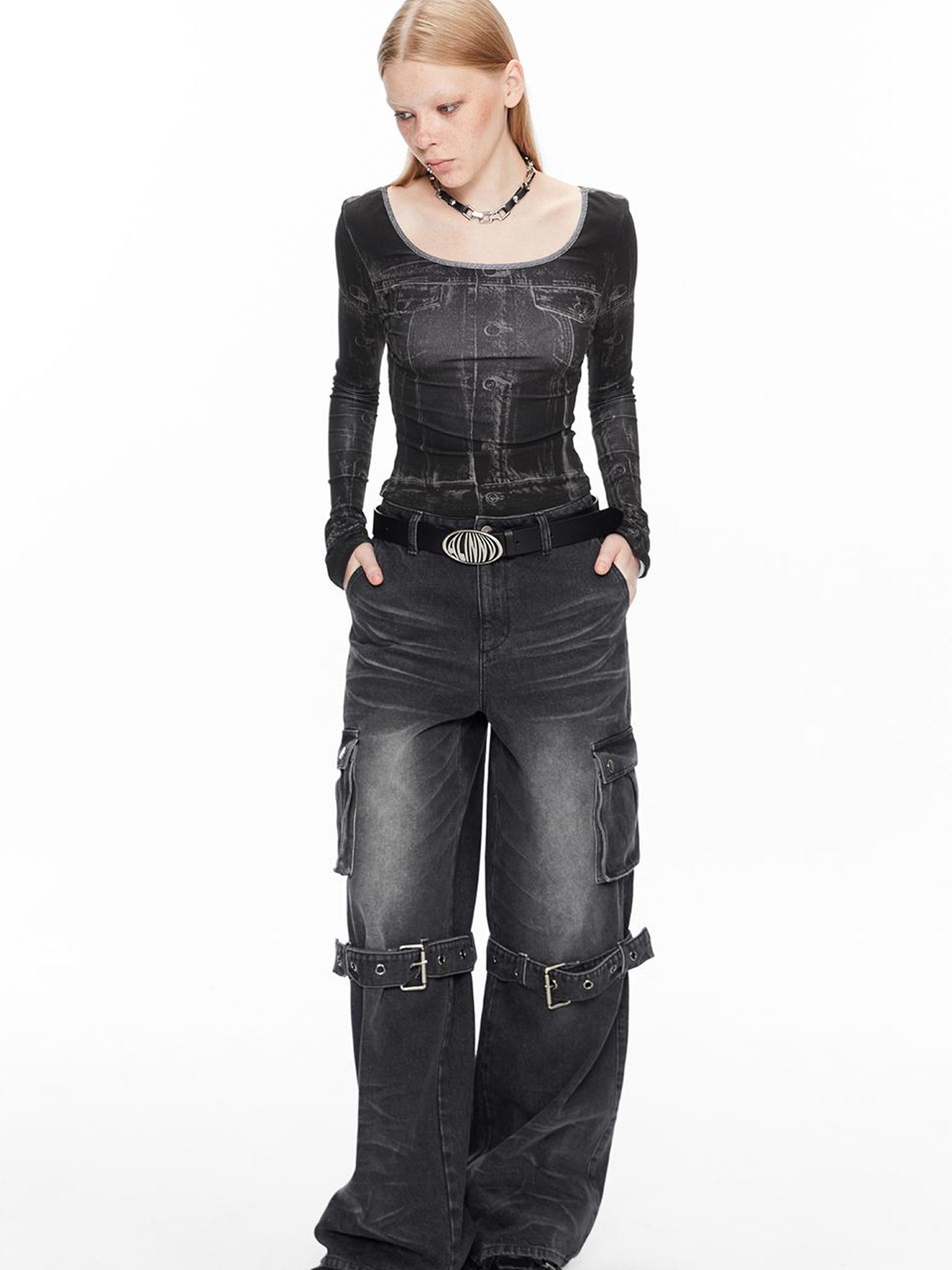 ALINNV STUDIO Vintage Washed Grey Jeans With Cuffed Hem & Drawstring