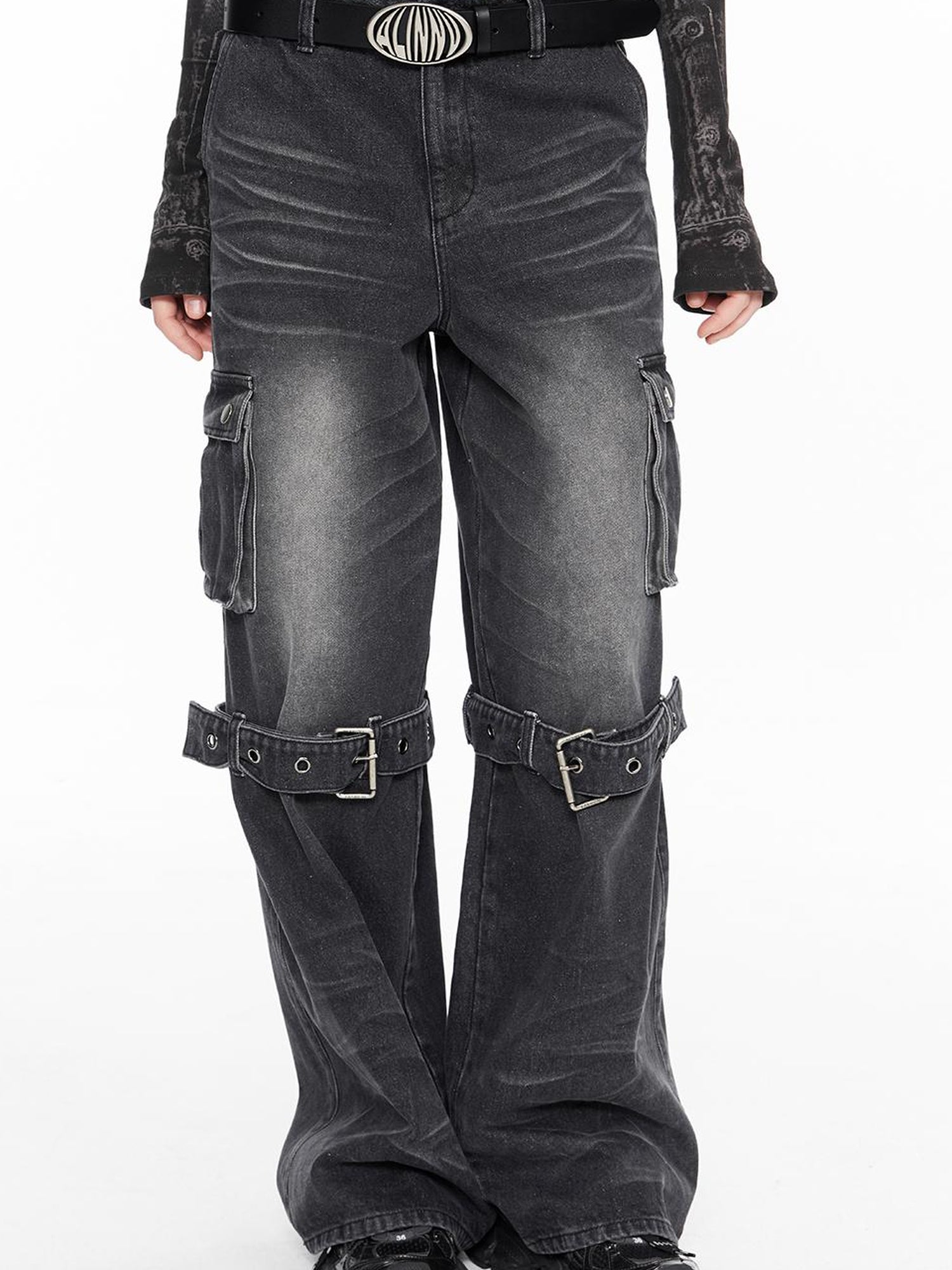 ALINNV STUDIO Vintage Washed Grey Jeans With Cuffed Hem & Drawstring