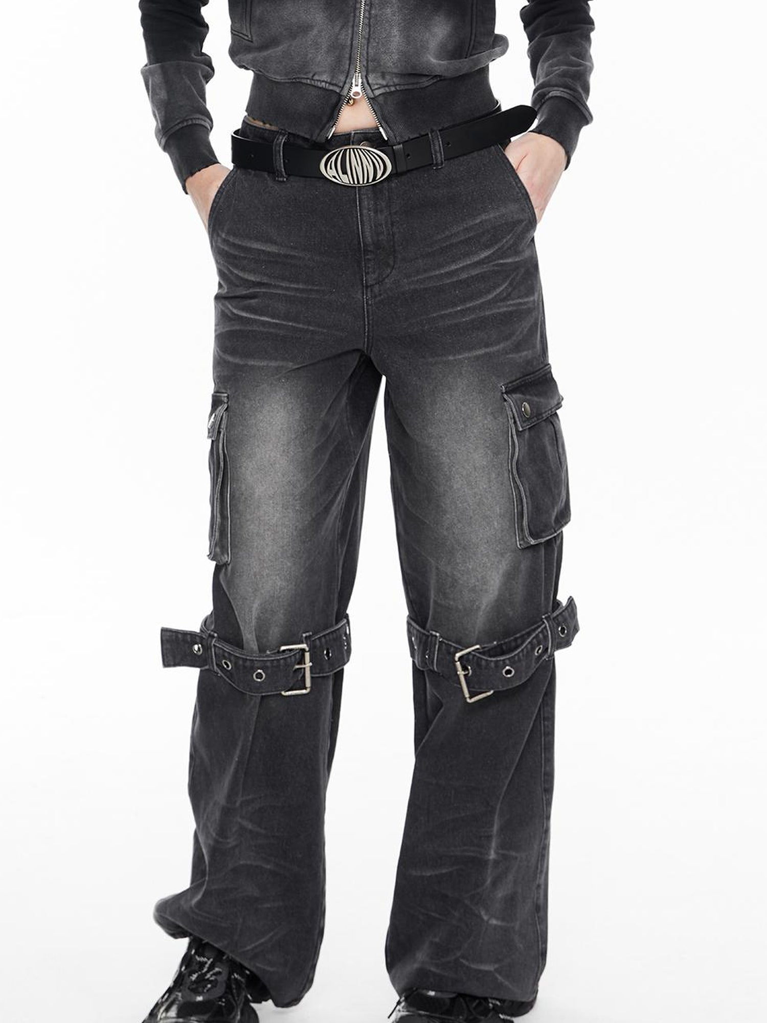 ALINNV STUDIO Vintage Washed Grey Jeans With Cuffed Hem & Drawstring