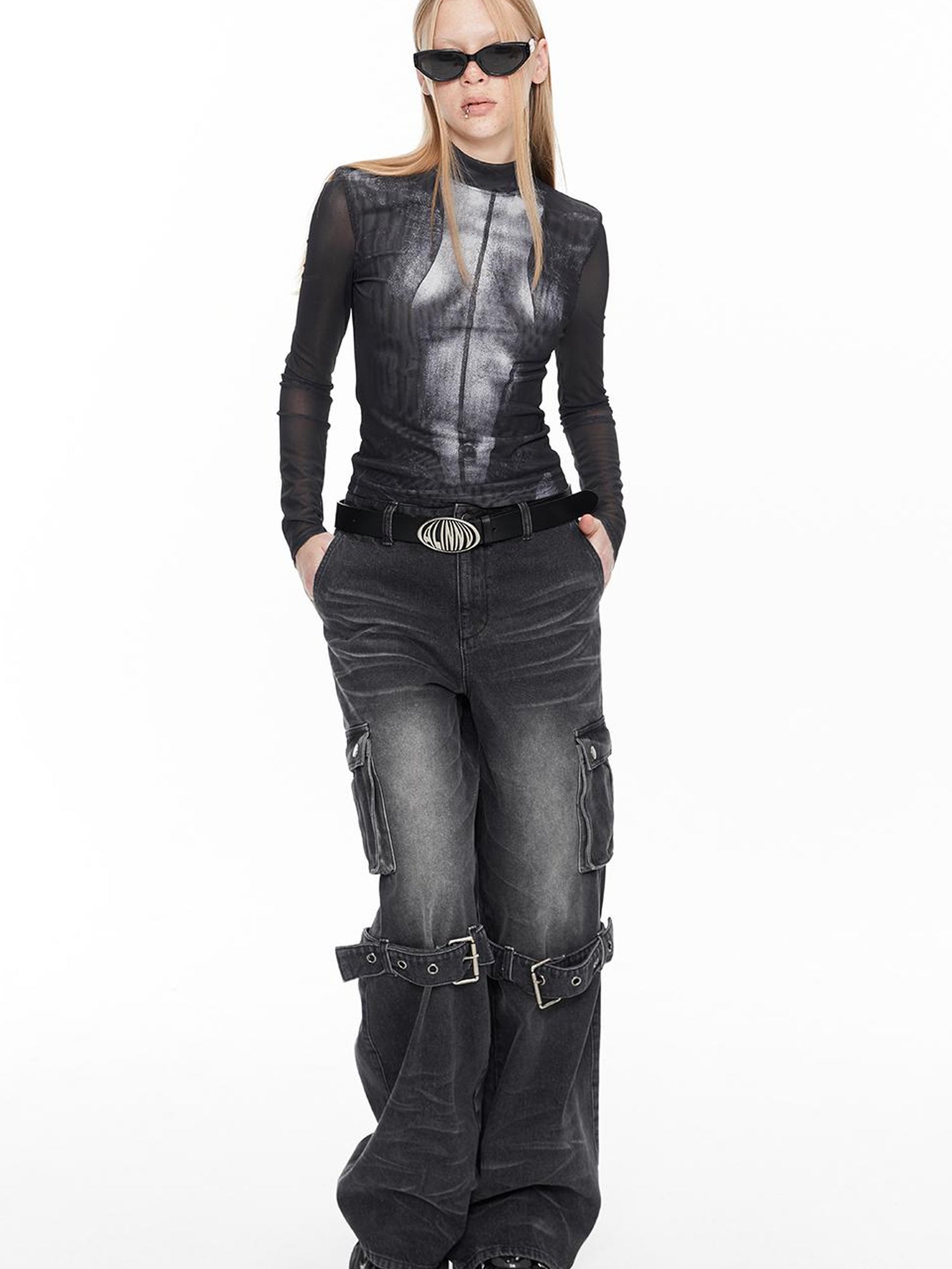 ALINNV STUDIO Vintage Washed Grey Jeans With Cuffed Hem & Drawstring