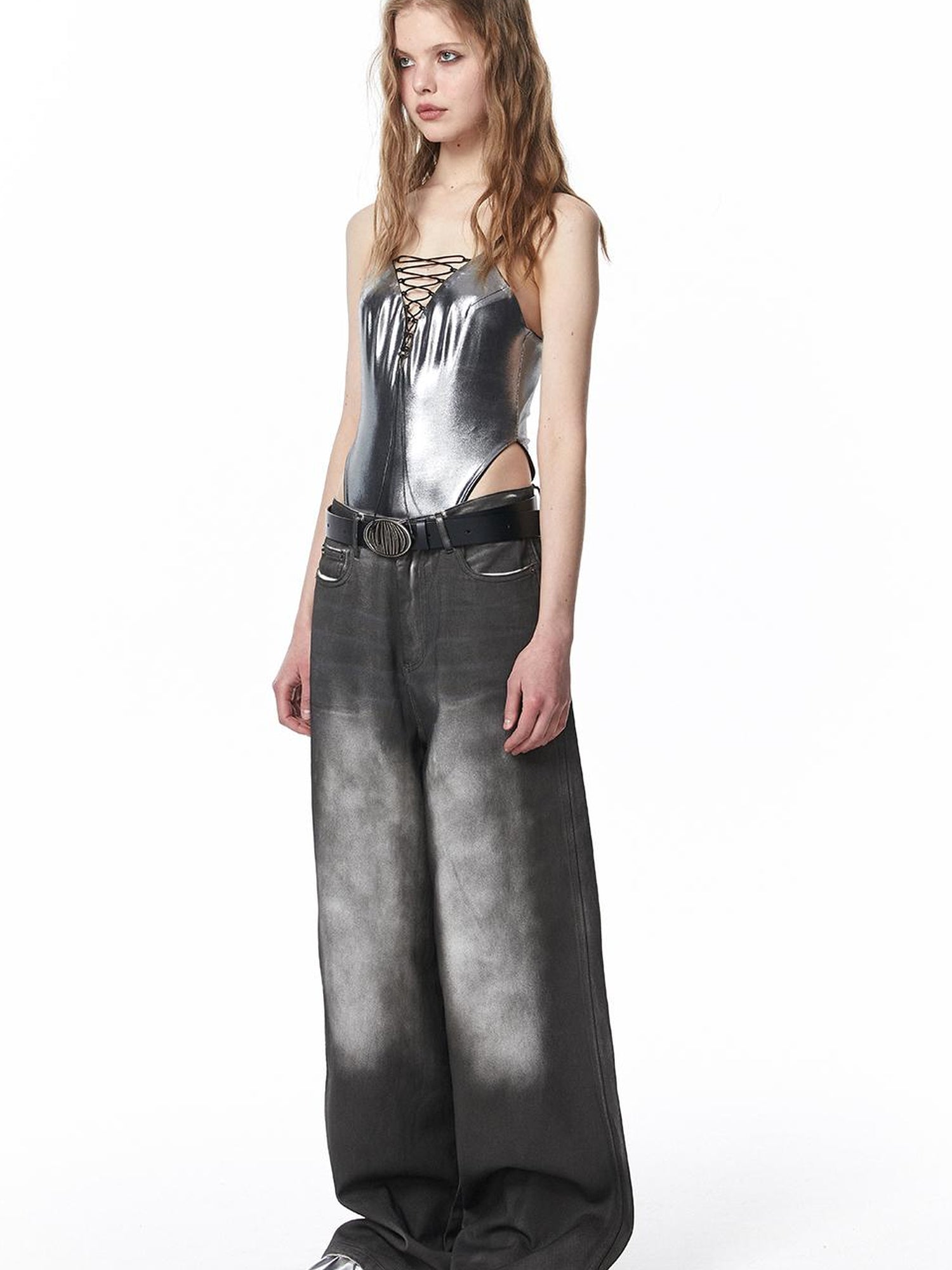 ALINNV STUDIO Vintage Washed Wide Leg Jeans Low Rise Distressed Denim Pants