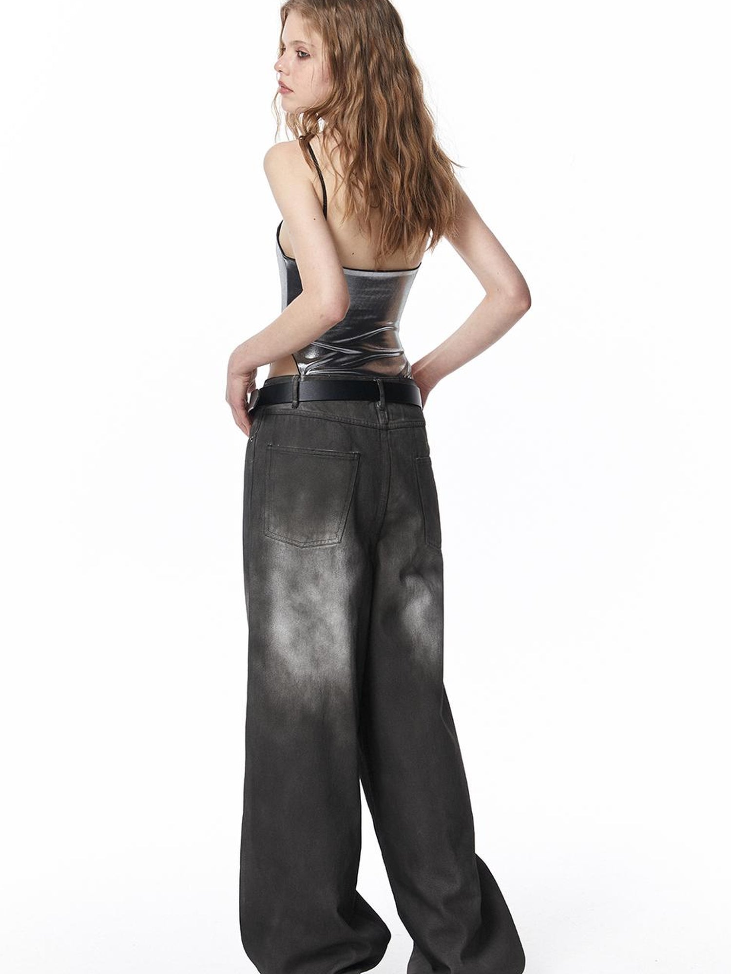 ALINNV STUDIO Vintage Washed Wide Leg Jeans Low Rise Distressed Denim Pants