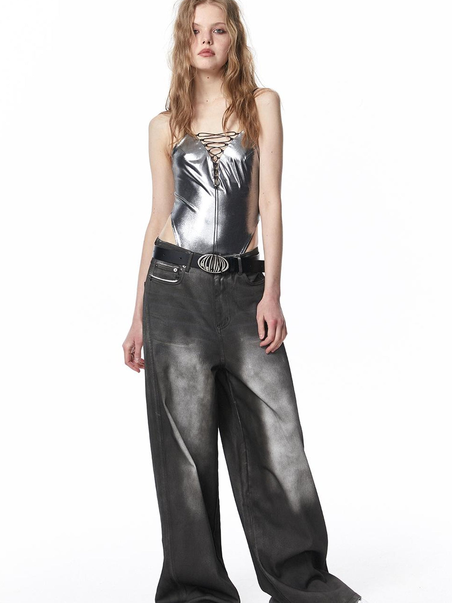 ALINNV STUDIO Vintage Washed Wide Leg Jeans Low Rise Distressed Denim Pants