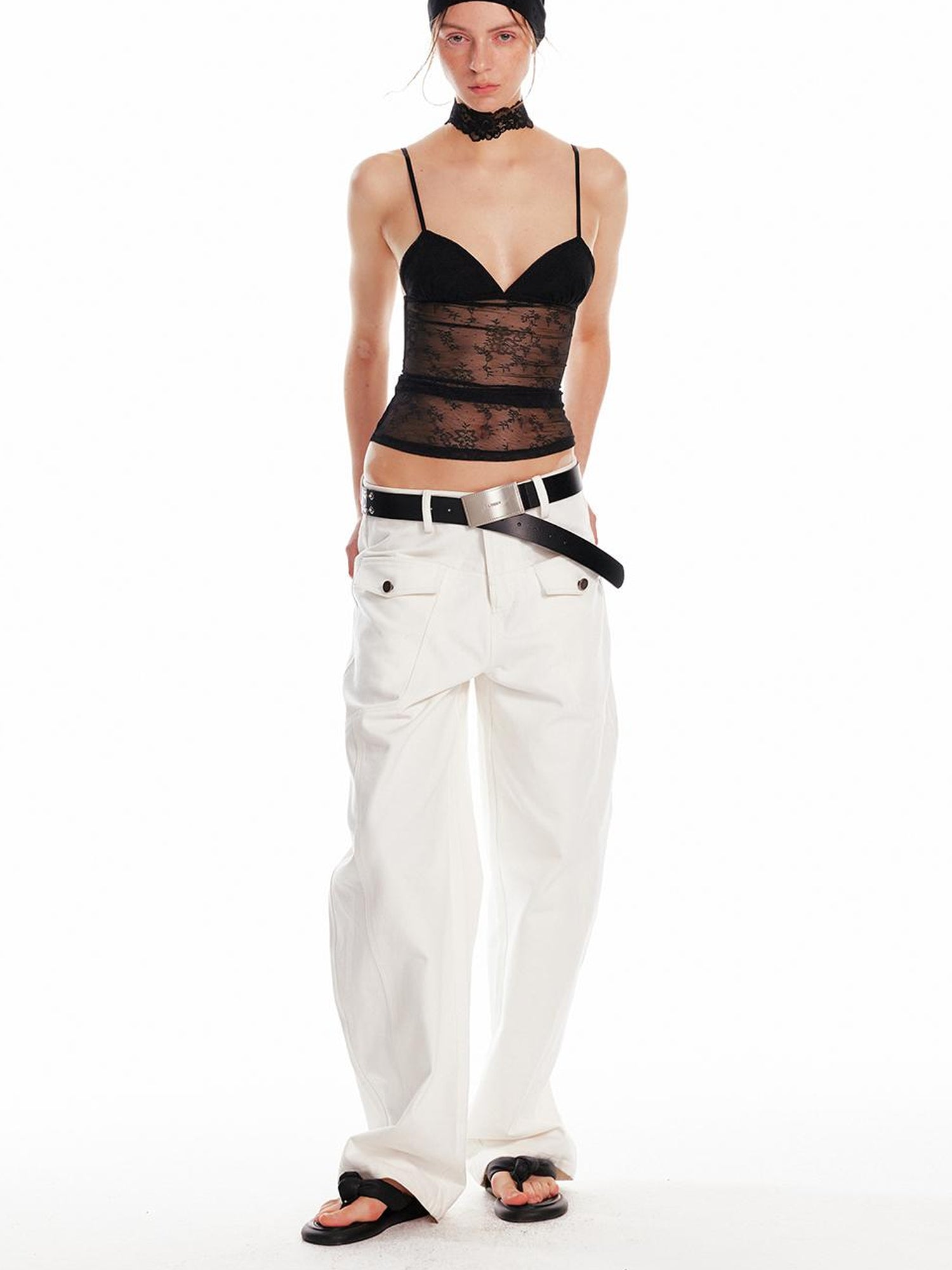 ALINNV STUDIO Vintage Wide Buckle Leather Belt With Linked Modern Design