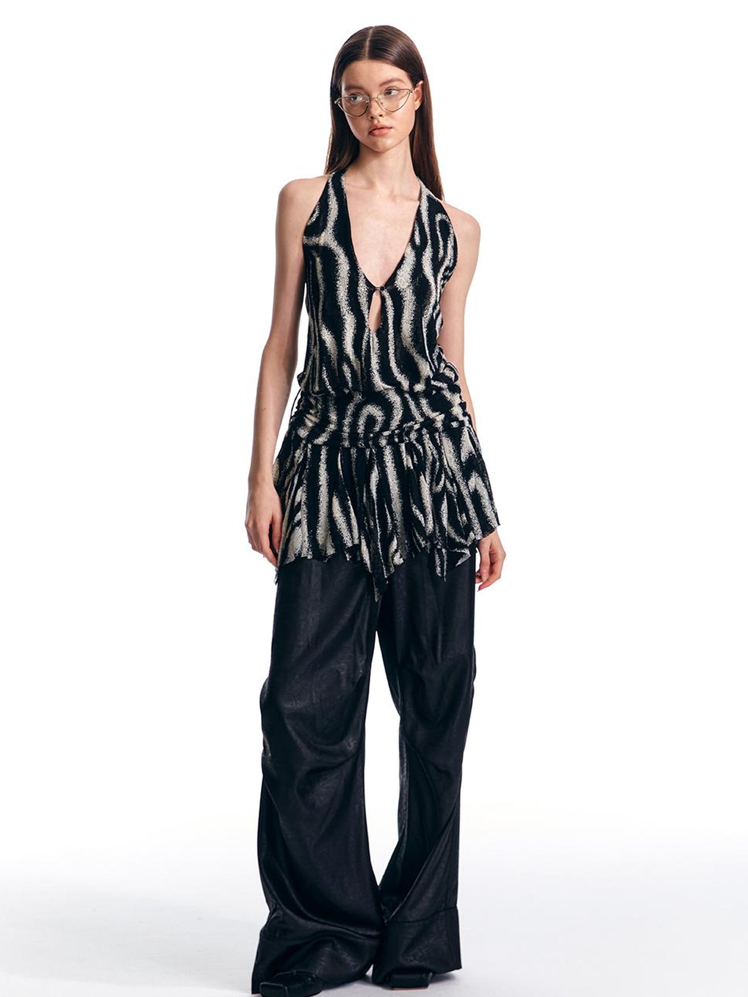 ALINNV STUDIO Wave Stripe Mesh Backless Halter Top