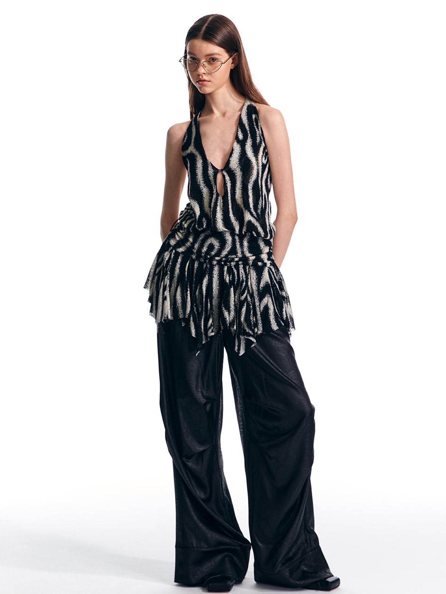 ALINNV STUDIO Wave Stripe Mesh Backless Halter Top