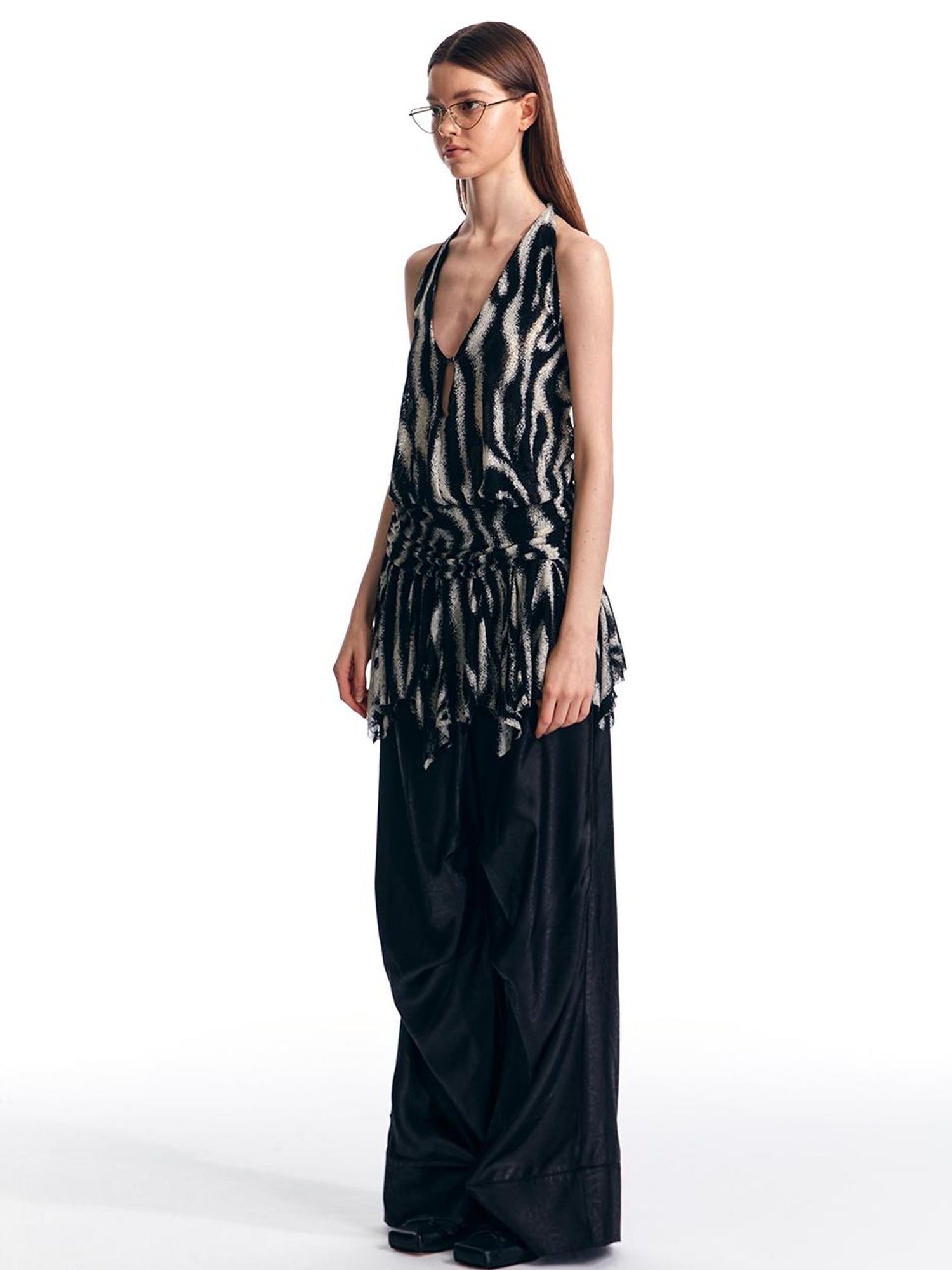 ALINNV STUDIO Wave Stripe Mesh Backless Halter Top