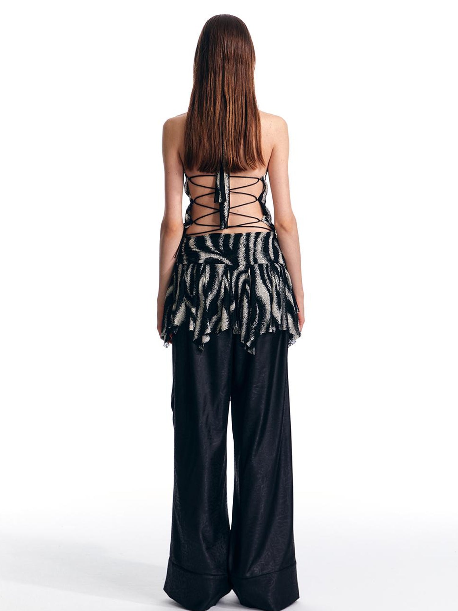 ALINNV STUDIO Wave Stripe Mesh Backless Halter Top