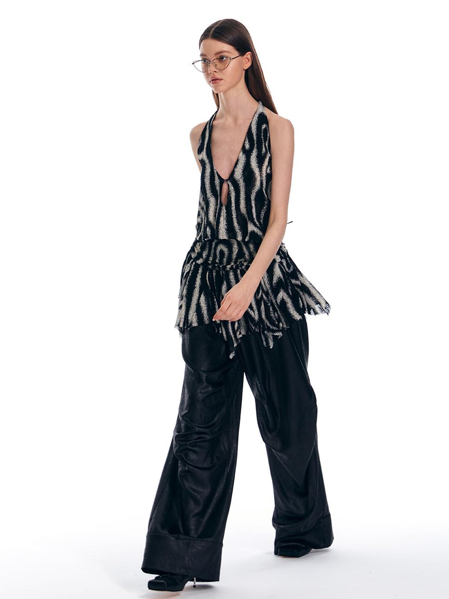 ALINNV STUDIO Wave Stripe Mesh Backless Halter Top