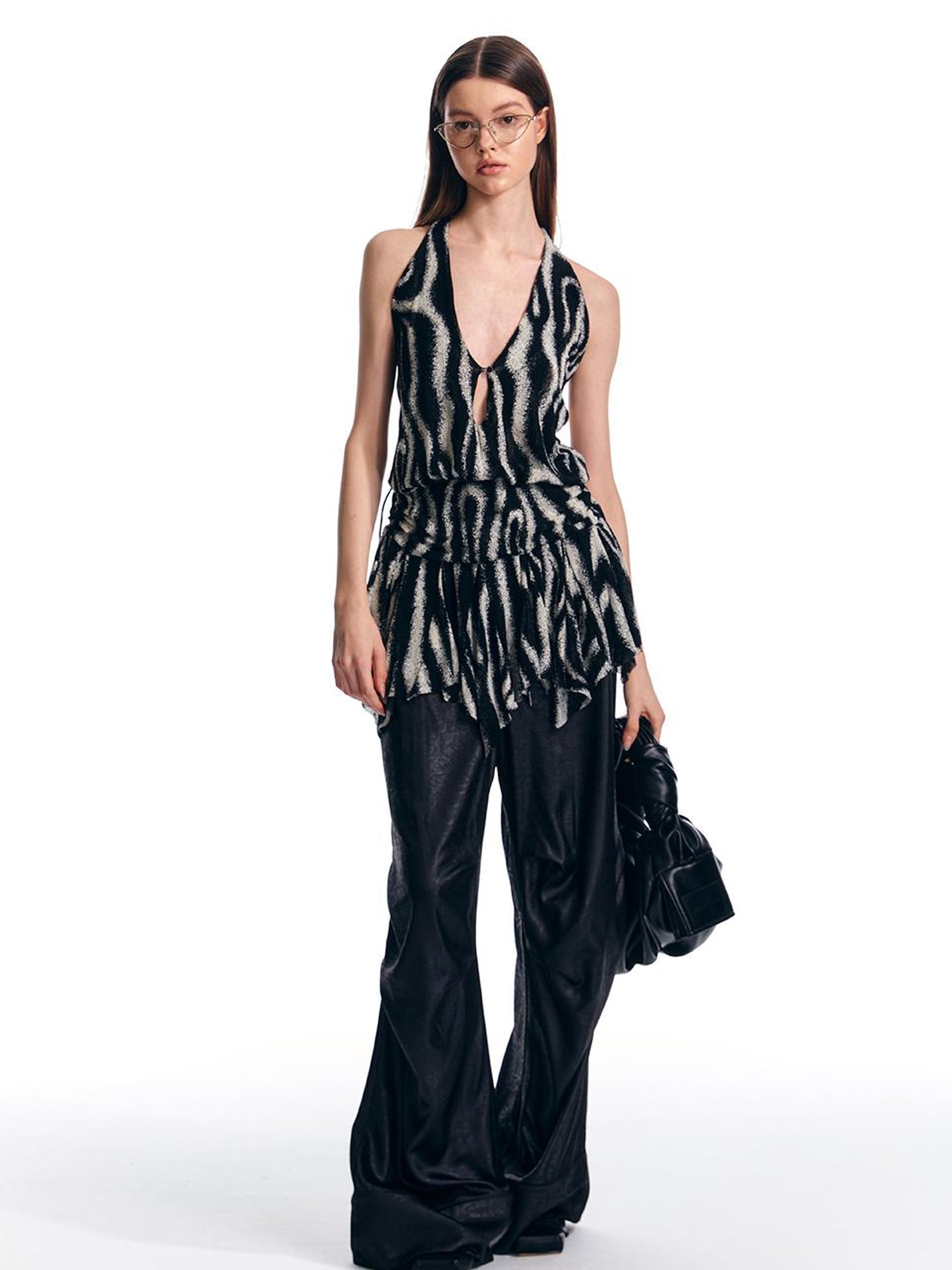 ALINNV STUDIO Wave Stripe Mesh Backless Halter Top