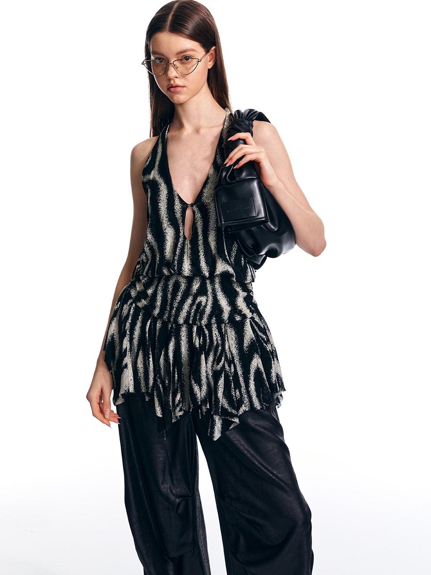 ALINNV STUDIO Wave Stripe Mesh Backless Halter Top