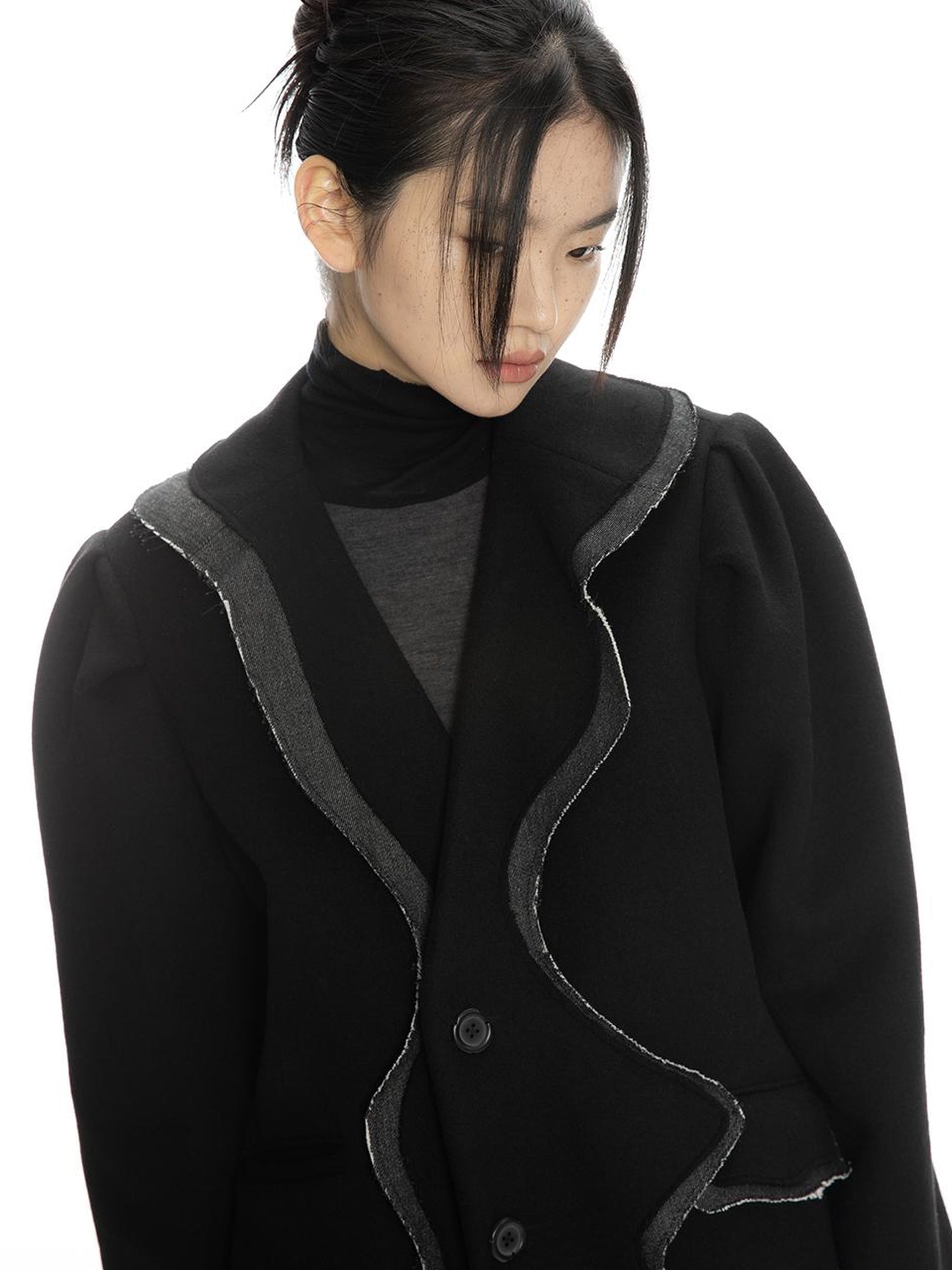 ALINNV STUDIO Wavy Trim Wool Blend Coat with Denim Details