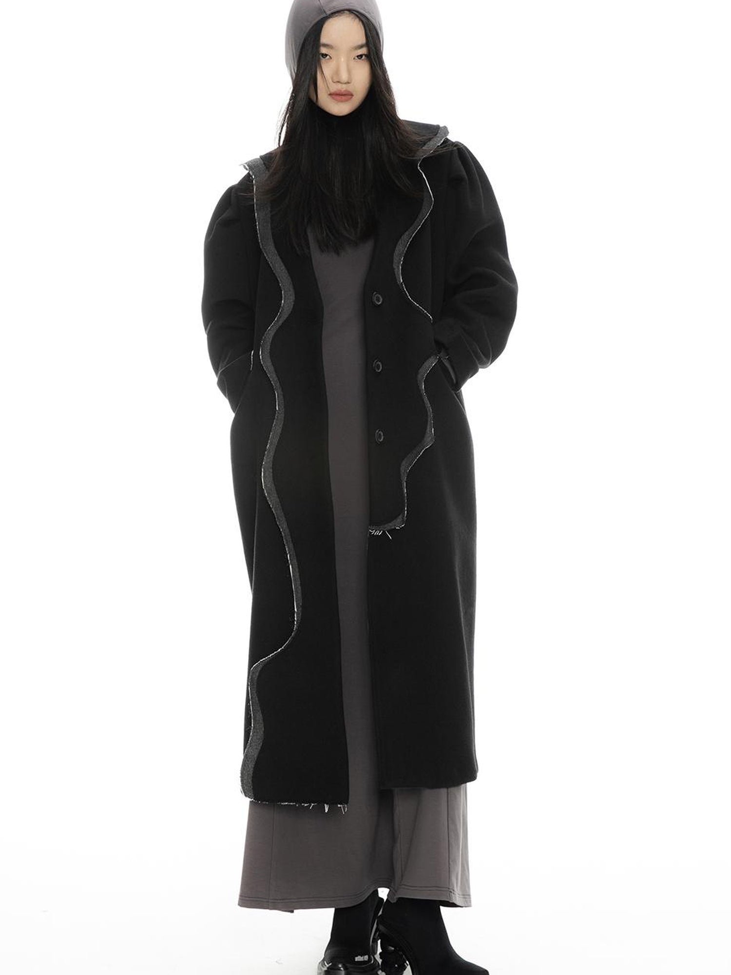 ALINNV STUDIO Wavy Trim Wool Blend Coat with Denim Details