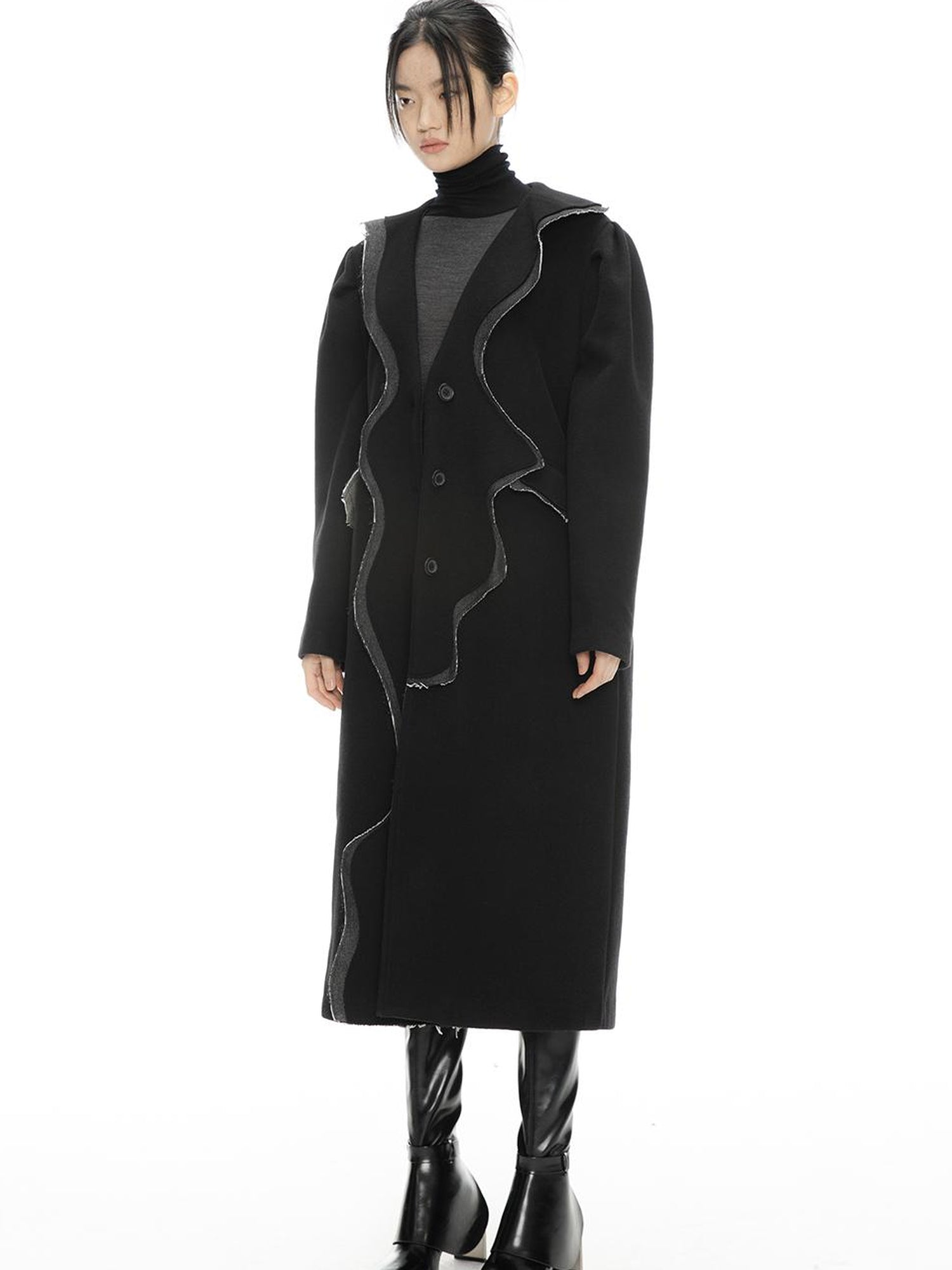 ALINNV STUDIO Wavy Trim Wool Blend Coat with Denim Details