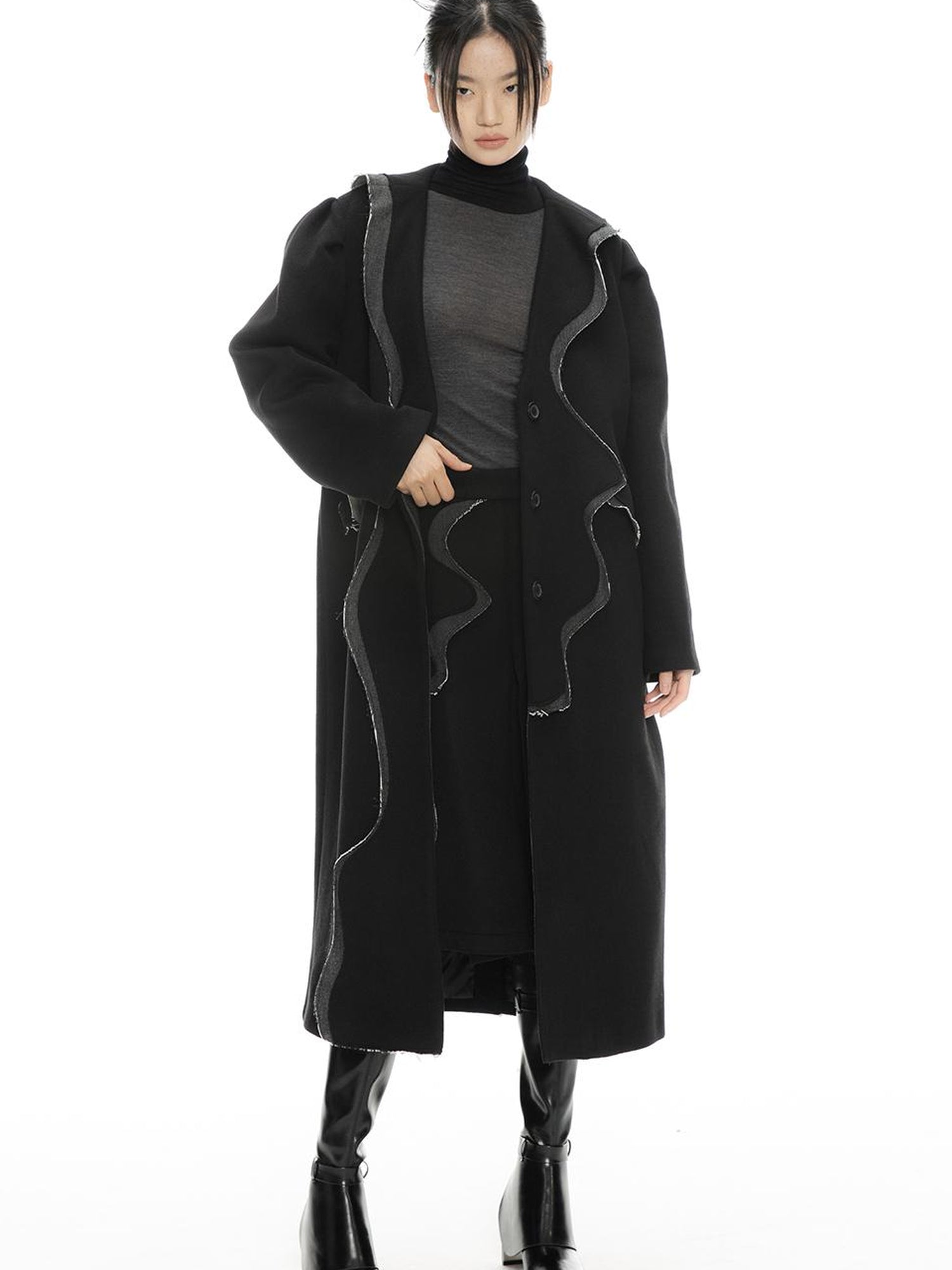 ALINNV STUDIO Wavy Trim Wool Blend Coat with Denim Details