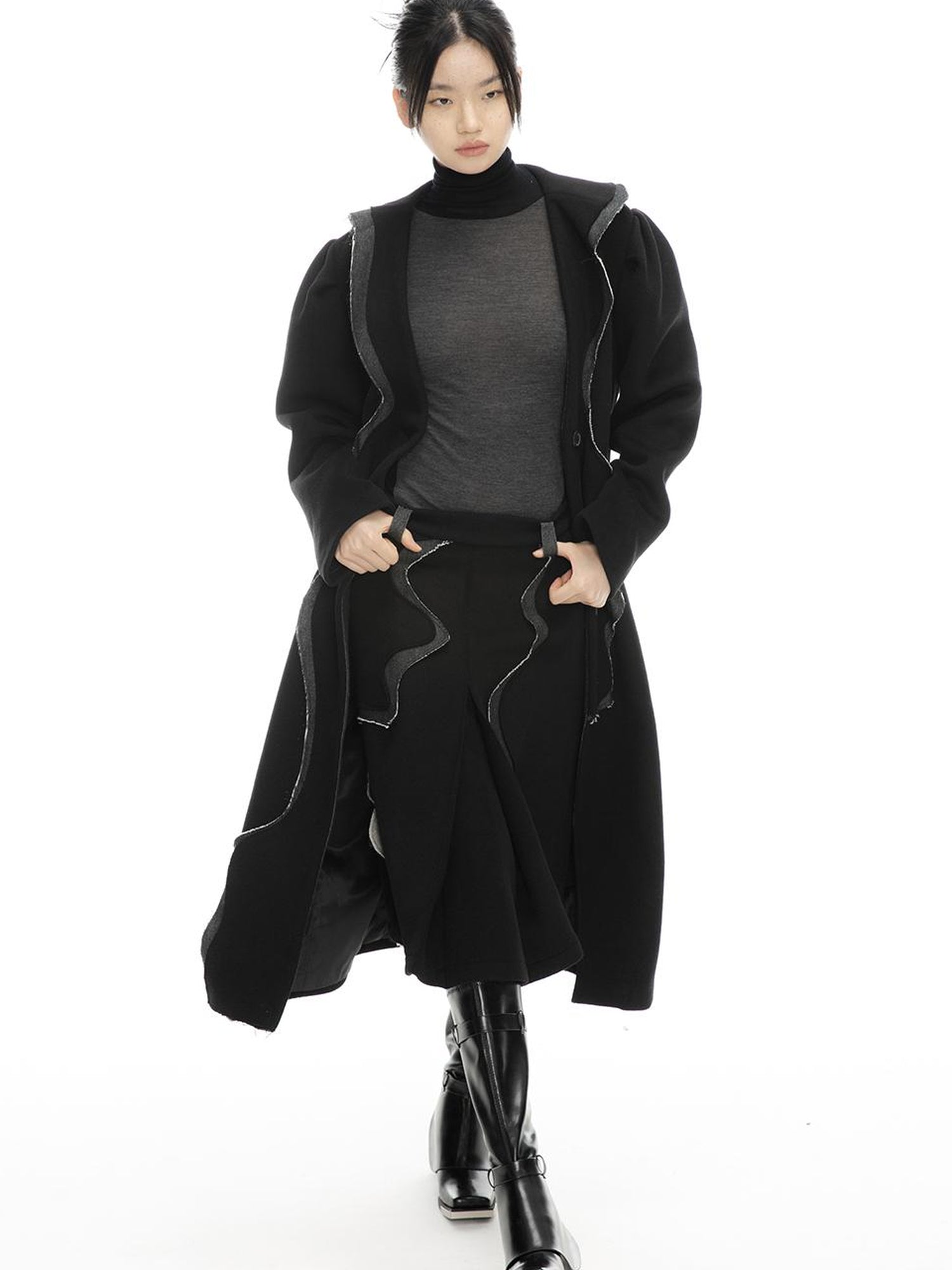 ALINNV STUDIO Wavy Trim Wool Blend Coat with Denim Details